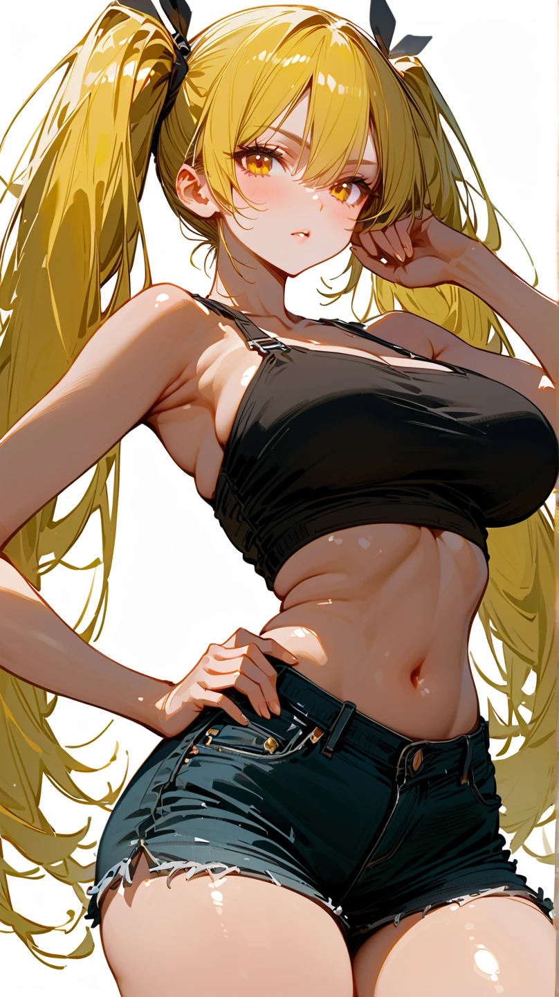 (1girl:0.999), (breasts:0.998), (shorts:0.994), (polka dot:0.992), (covered nipples:0.964), (halftone background:0.947), (dark-skinned female:0.946), (long hair:0.942), (polka dot background:0.942), (denim shorts:0.938), (dark skin:0.932), (tan:0.928), (tanlines:0.925), (solo:0.924), (underboob:0.917), (denim:0.908), (tank top:0.876), (blonde hair:0.869), (short shorts:0.814), (cutoffs:0.794), (armpits:0.752), (green eyes:0.740), (large breasts:0.734), (thick thighs:0.705), (halftone:0.647), (ahoge:0.604), (thighs:0.555), (smile:0.553)