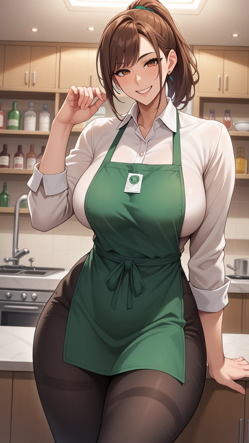Kotoha Tachibana, short hair, mole, thick thighs, hourglass figure, half naked, Looking at the viewer with seductive eyes, exposed breasts, brown hair, hard nipples, exposed vagina, best quality, highres, bbyorf, gold earrings, large breasts, jewelry, off shoulder, white transparent shirt, short black skirt, green apron, long sleeves, no panties, indoors, kitchen 