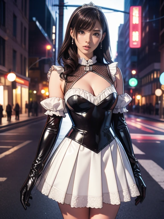 masterpiece, top-quality, top-quality, Beautifully Aesthetic:1.2, 1girl, Halloween night, ((Wearing a high-quality heart-shaped cutout White costume, gloves, miniskirt):1.2), (Silver pin heels:1.1), high detailed, (kneeling with hands on the ground:1.3), large breasts, firm breast, nicely shaped breasts, slender figure, 
((Dark Brown Hair)), wavy hair, (medium long hair:1.2), 
((in the middle of very crowded Shibuya's scramble crossing at late night:1.2)), ((Surrounded by many people wearing various costumes)), (Full body shot:1.1), (From below:1.3),