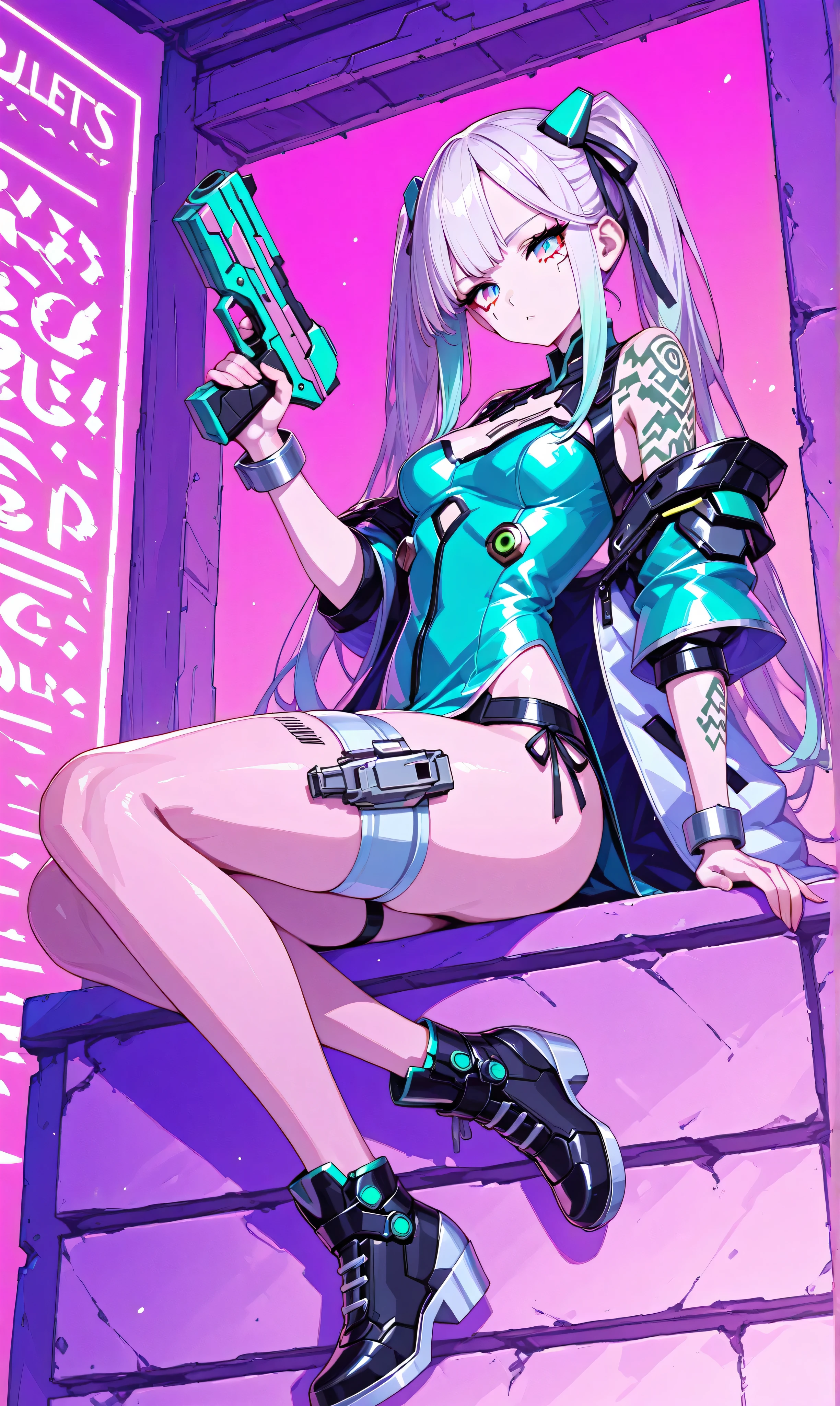 ((big、bullets envelop her. ))、girl with jet black twin tails tied with ribbons, wearing a teal colored china dress with silver decorations, Grab a pistol, Her opponent's bullets surround her with slow movements, Floating in a neon-lit cyberpunk back alley. (Cyberpunk Shootout:1.3)