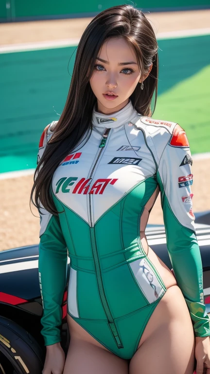 (masterpiece), best quality, expressive eyes, perfect face, cute woman, (Indonesian girl:0.2), jewerly,(wide hips), fit body, (navel:0.2), wearing indonesia GoJek light green cropped jacket, (black stripe jacket), green biker jacket, (jacket with "Ojol" text), (GoJek logo), Indonesia flag decal on jacket, (lace:0.5), (wifi symbol:0.4), motorbike, (wearing green helmet),white stripe racing helmet with Gojek logo, cleavage, (((gloves))), ultra lowleg shorts, (xivstreetjacket:0.2), (groin:1.2),