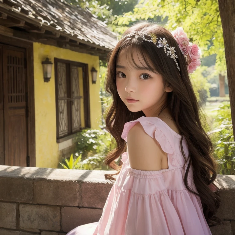 (little girl: 1.5), lace, ribbon, Hanfu, (masterpiece, Side light, Beautifully and beautiful gray eyes: 1.2), masterpiece, actual, glowing eyes, shiny hair, black hair, long hair, skin shiny, alone, Awkward, Strapless, Beautifully, beautiful, garden, flowers, fluttering petals,