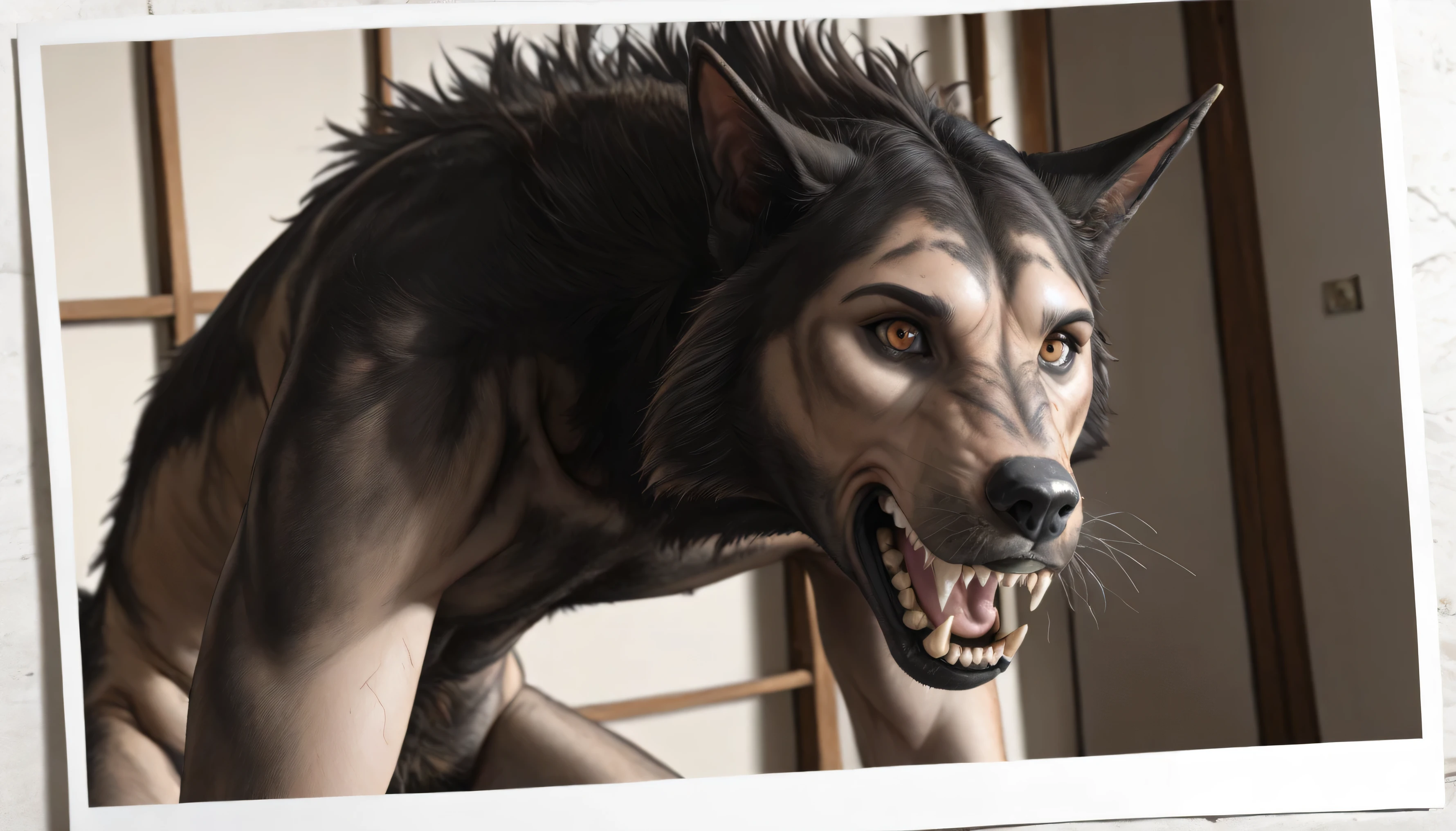 Spine, view from back:1.3, Werewolf transformation, human, [werewolf: human:0.7], [arms: paws:0.7], fangs:0.8, female, [red human skin: fur: 0.5], [human face: snout:0.5], wolf nose, detailed fur, gradual fur, spread, shaking:1.1, crying, sweating, drooling:1.2, in pain:0.8, scared:0.8, confused:0.8, torn clothes:1.1, thick fingers through, deep night, ((darkness, dramatic moonlight, night)), abandoned cabin, scraps around, clothes scraps,((Ultra-detailed, Realistic, Photorealistic, photo-realistic:1.37), 4k, 8k, RAW, HDR, UHD, Canon EOS P3, Canon EOS R3, 85mm f/1.4, 15mm, 35mm, award winning photo, 80mm, f2.8, high resolution, hd, full colour, 4k, high definition, 3 point lighting, sharp focus, smooth, Professional, cinematic, extreme detail, (high detail:1.4) description, masterpiece, deep shades, best quality,))