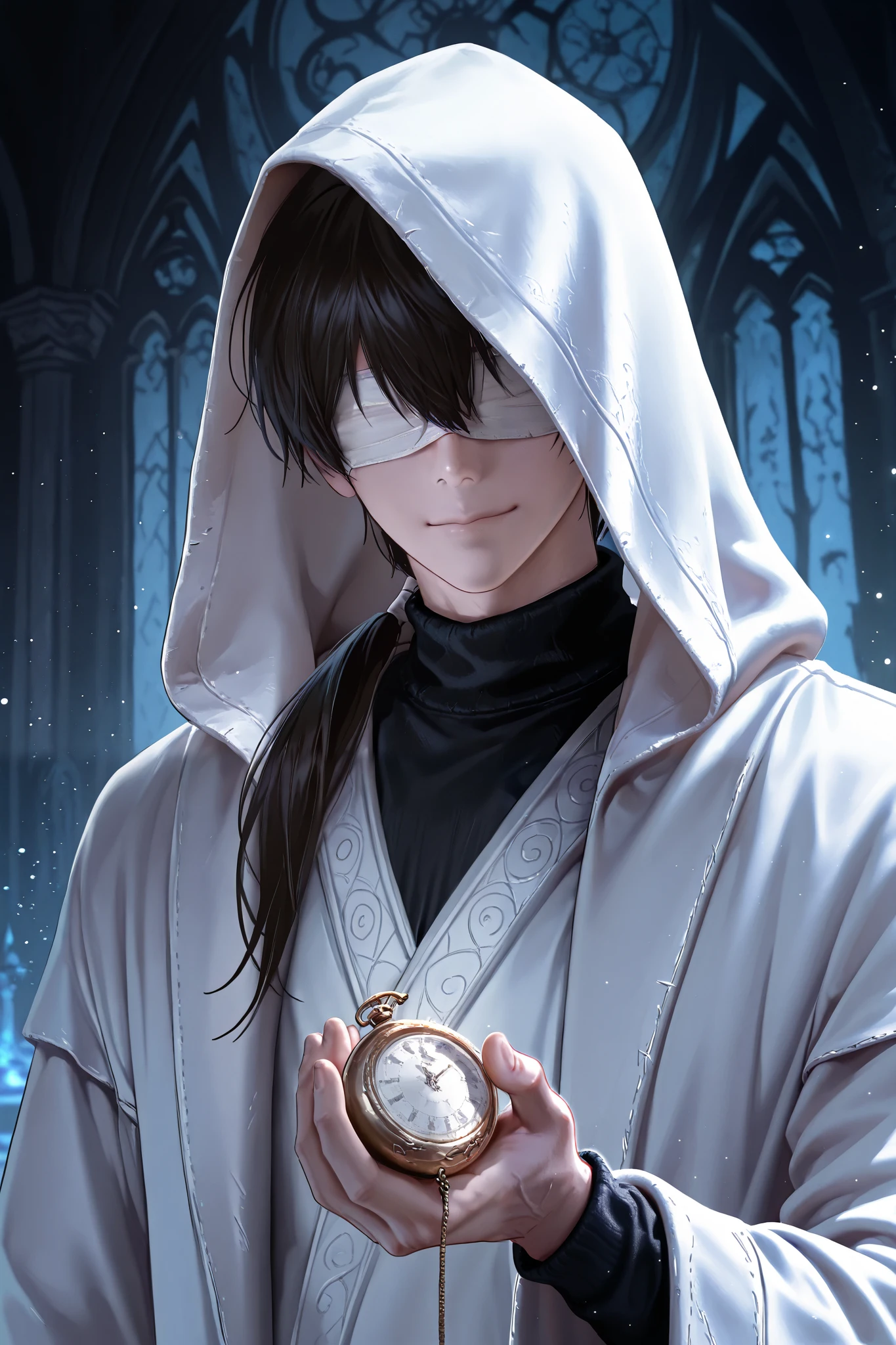 masterpiece, best quality, detailed eyes, semi realistic, 8k, boy, cool, small, white robe coat, black sweater, short black low ponytail hair, blindfold bandage, fantasy, solo character, wearing hood, holding white pocket watch, white particles, fantasy temple background, night time, upper body, emotionless face, slight smile
