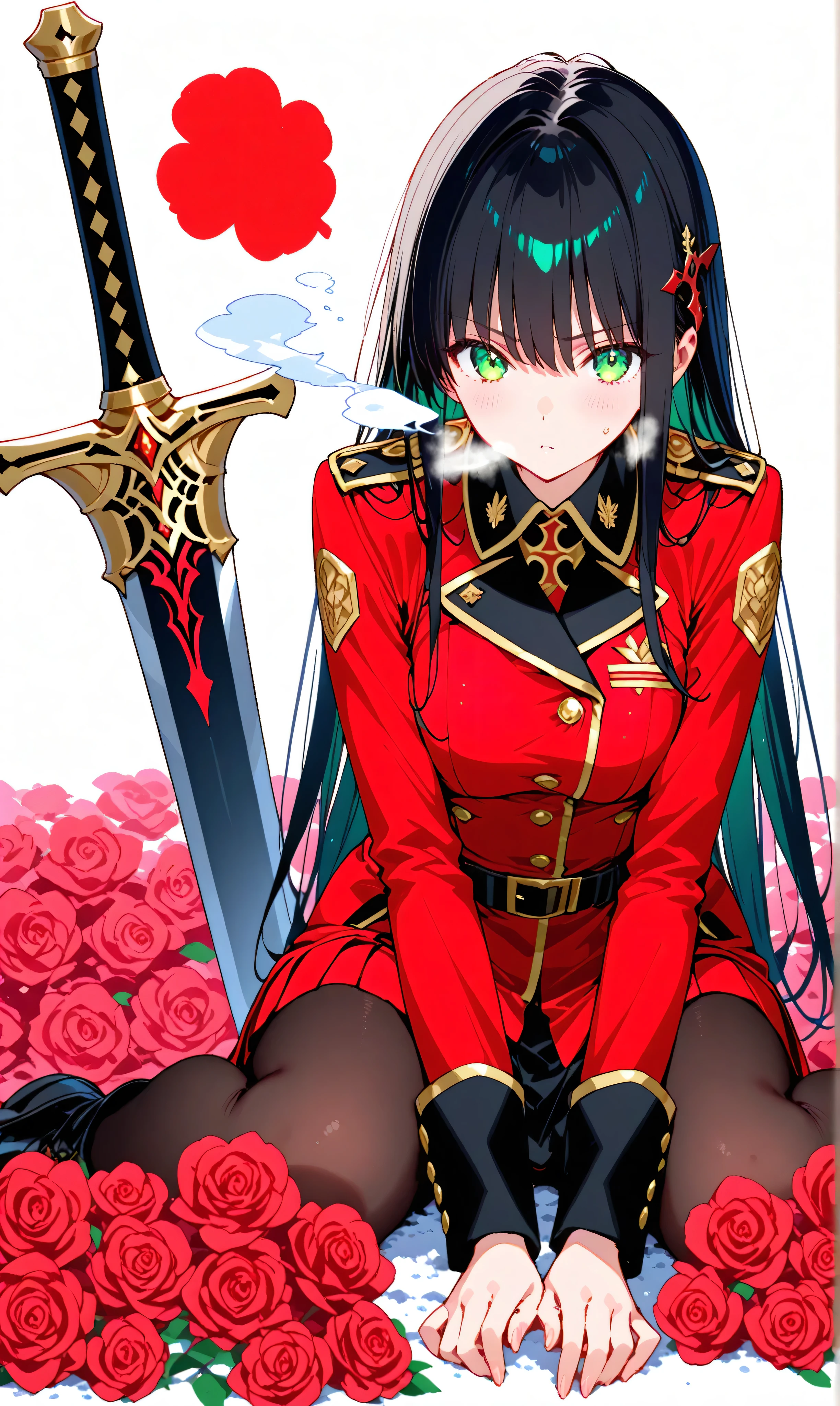 (watercolor:0.4)、( pastel :0.6)、 1 girl 、Attach a bow to the twin tail of long black hair with a faint red accent、A knight in a red rose military uniform、 green eyes。Sit on the ground in a relaxed position with his sword on his side、Take a deep breath。red roses scattered across the battlefield and the dim air。Simple white background that makes the character stand out。