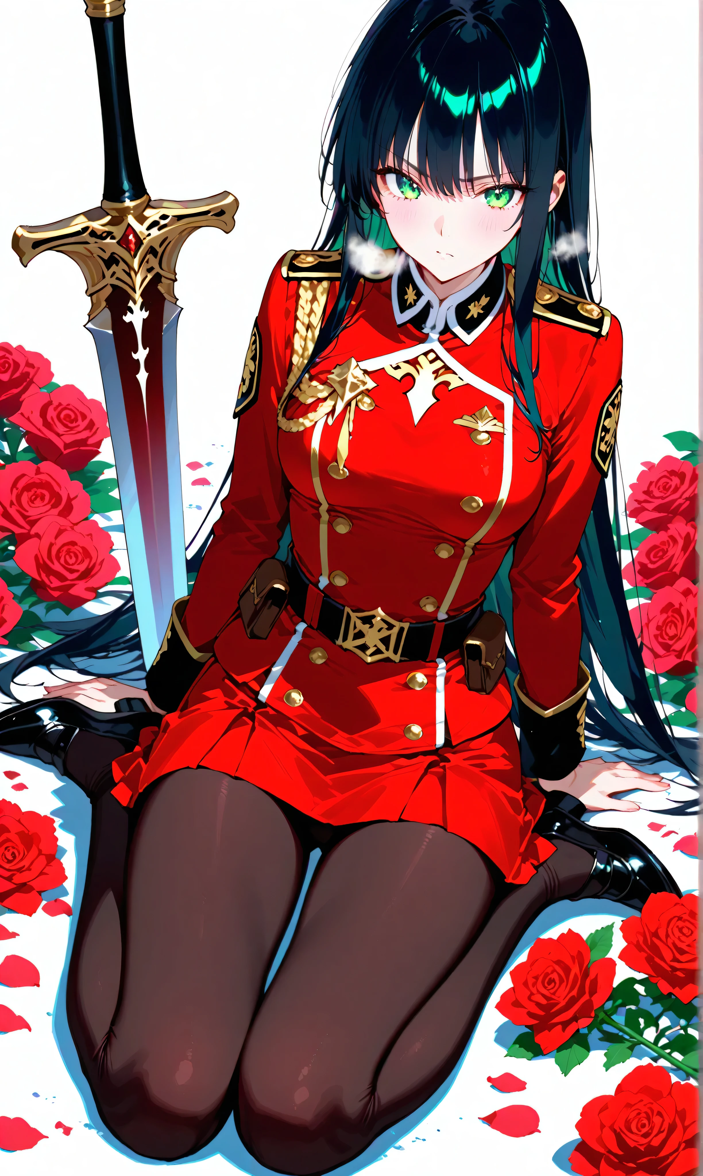 (watercolor:0.4)、( pastel :0.6)、 1 girl 、Attach a bow to the twin tail of long black hair with a faint red accent、A knight in a red rose military uniform、 green eyes。Sit on the ground in a relaxed position with his sword on his side、Take a deep breath。red roses scattered across the battlefield and the dim air。Simple white background that makes the character stand out。