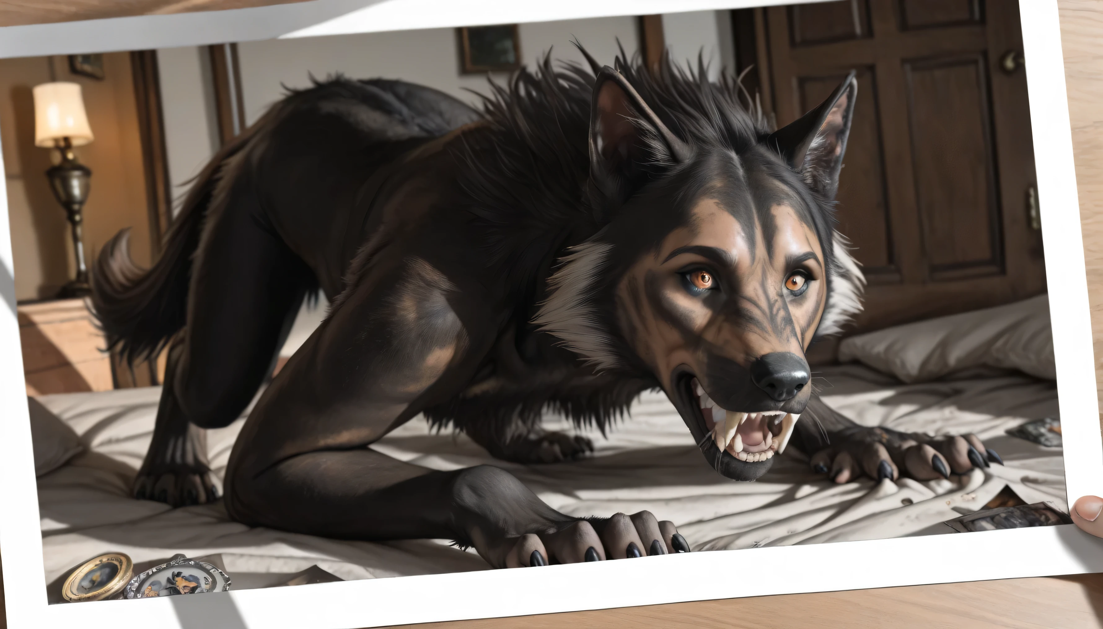 Spine, view from back:1.3, Werewolf transformation, human, [werewolf: human:0.7], [arms: paws:0.7], fangs:0.8, female, [red human skin: fur: 0.5], [human face: snout:0.5], wolf nose, detailed fur, gradual fur, spread, shaking:1.1, crying, sweating, drooling:1.2, in pain:0.8, scared:0.8, confused:0.8, torn clothes:1.1, thick fingers through, deep night, ((darkness, dramatic moonlight, night)), abandoned cabin, scraps around, clothes scraps,((Ultra-detailed, Realistic, Photorealistic, photo-realistic:1.37), 4k, 8k, RAW, HDR, UHD, Canon EOS P3, Canon EOS R3, 85mm f/1.4, 15mm, 35mm, award winning photo, 80mm, f2.8, high resolution, hd, full colour, 4k, high definition, 3 point lighting, sharp focus, smooth, Professional, cinematic, extreme detail, (high detail:1.4) description, masterpiece, deep shades, best quality,))
