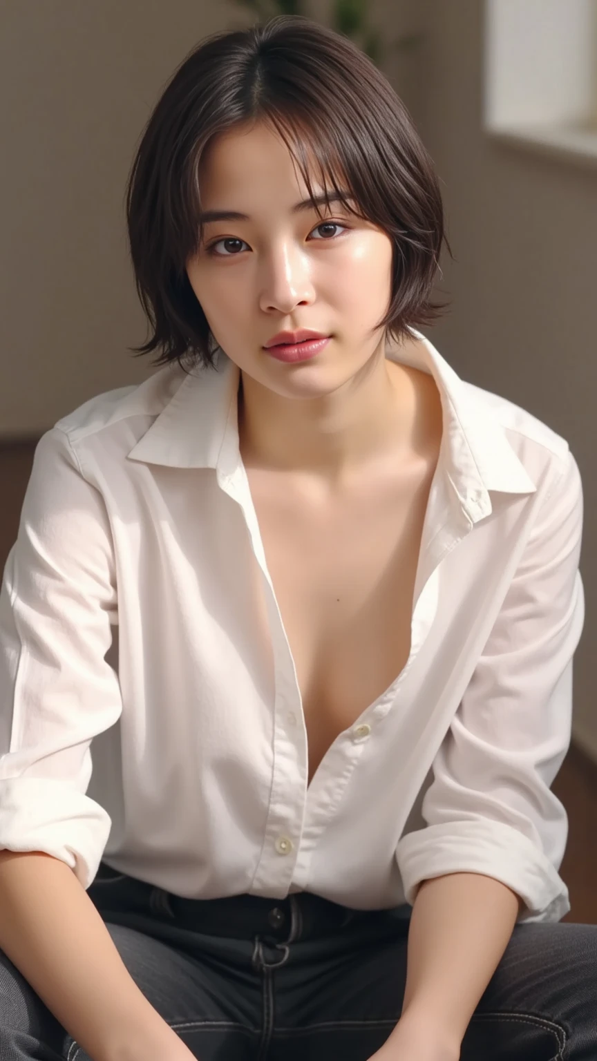 highest quality,masterpiece,Ultra-high resolution,(Realistic:1.4),Beautiful lighting, (Highly detailed CG Unity 8k wallpaper), Beautiful face in every detail,Detailed clothing, 50mm portrait photography, No background、One Girl,Big black eyes, cute, young, stop temporarily, Facial Lighting, Physically Based Rendering,Written boundary depth , Black Hair, short hair, ((Take from above)), Japanese women、20-year-old、WhiteTshirt、(Big Breasts)、Young and beautiful woman taking a selfie, Taken with iPhone camera、In front of a white wall、She is wearing only beige pantyhose