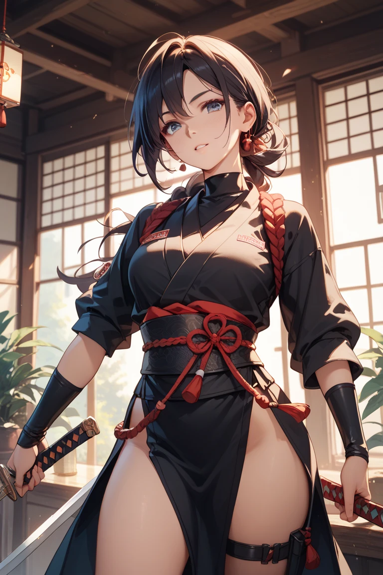 masterpiece, highest quality, so beautiful, Absurd, up to date, One girl, Unbuttoned Japanese clothing, Remove the band,Open the clothes,Panties,Sweat,Outdoor, alone, shout, v eyebrows, Black Hair, View your viewers, ponytail, Long Hair, sword, kimono, arms, Similarly, blush, holding sword, hair ornaments, bangs, (Shine, thunder efect)