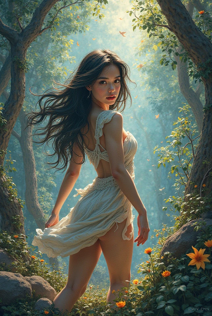((aeolian)), 1 girl, beautiful face, Princess, (naked), very long black hair, slim body with long legs, forest background, perfect bare feet, full body view