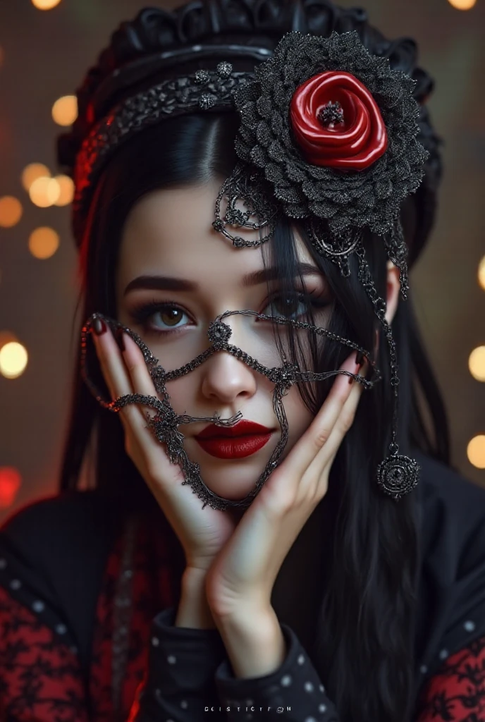I have black and red shorts with pearls, Ultra-Realistic Fantasy Lingerie, forehead jewelry, Black Iron Tiara, 黒いjewelry, She wears an intricate black choker, black jewelry, Fantasy Blindfold, jewelry, Rococo Onyx Headpiece, jewelry design, an extremely delicat, Tiara with amazing flowers, leather jewelry, Incredibly sharp detail, black choker necklace, Gorgeous necklace