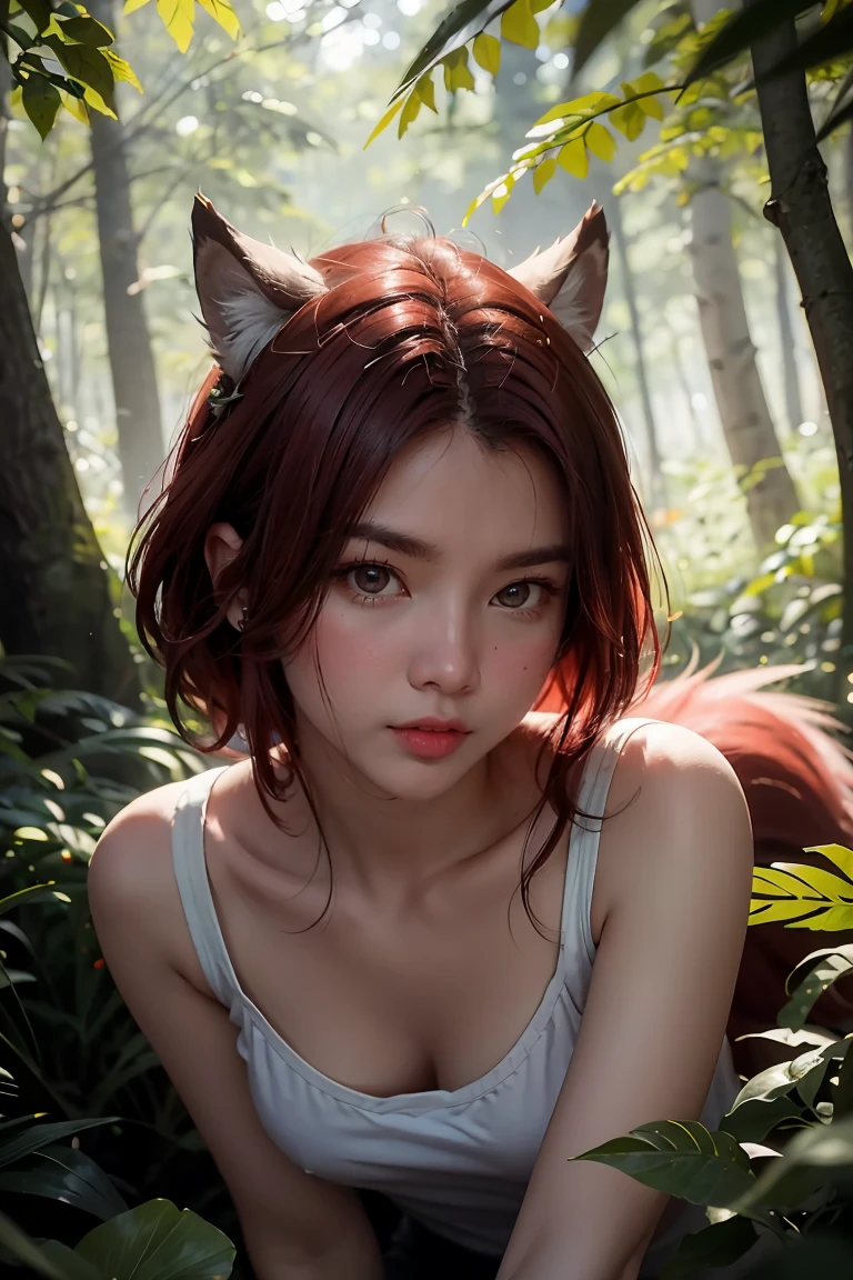 ((Best Quality, 8K, Masterpiece: 1.3)), Sharp: 1.2, Perfect Body Beauty: 1.4,1 girl,Highly detailed face,detailed eyes,double eyelids,(furry:2.0),furry cloth,have a cat's ears,wide shot,beautiful forest