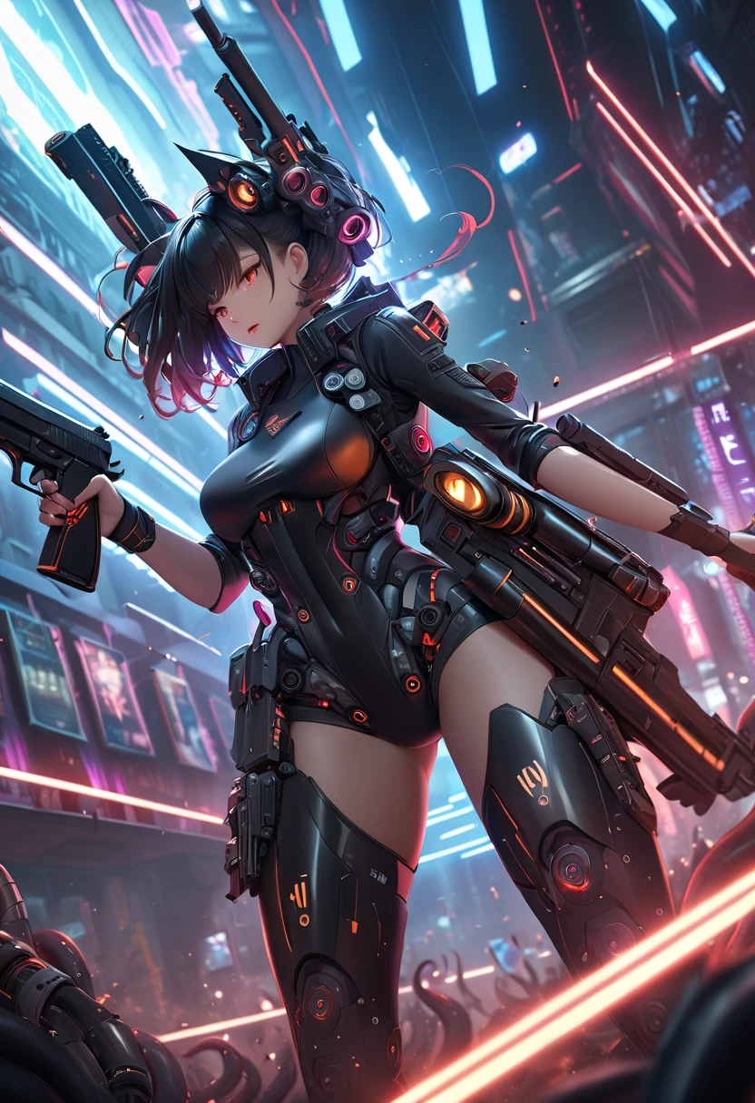 realistic, dark and mysterious atmosphere, futuristic cyberpunk, vibrant colors, electrifying sparks, glowing neon signs, rain-soaked streets, towering skyscrapers, futuristic technology, intense and dynamic pose, lightning bolts, high-voltage energy, intense expression, stormy clouds. at
night. 1girl, solo, alone, large-breast:1.2 slim body, cleavage:1.1, sexy wind blowing wet dress:1.4, (headphone, black sunglasses), (((((she raised:1.8 a pistol:1.8 and took aim at viewer))))), dynamic pose, (((half-body thigh level medium shot))), cinematic lighting, lens flare, ray tracing.