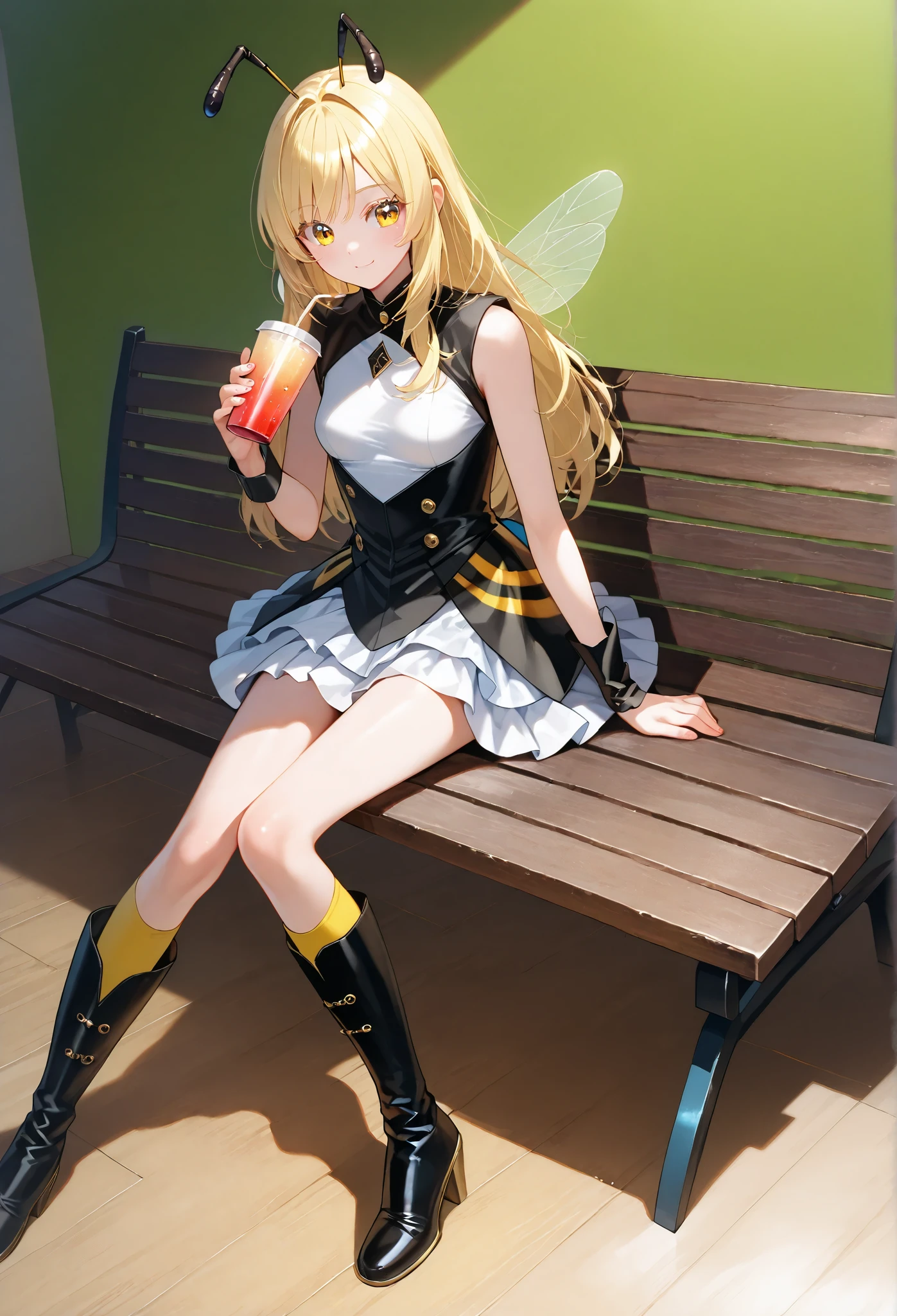 ■Composition■She's in the center of the image,
■Background■ Background、You can see a bright blue sky dotted with fluffy white clouds,Prairie and lots of flowers,
■ person々■(Beautiful girl cosplaying as a bee:1.2),(change:0.7),sitting,drinking drink ,sitting on Wooden bench
■顔■blonde long hair,(fine blond eyelashes:1.2),smile,watching viewers,
■ body type ■ skinny,Perky breasts,small breasts,
■Outfits■She's wearing (form-fitting:1.2), (:0.5) (bodysuit:1.1) with black accents, Stylish bee-like costume.Army style , transparent bee wings ,Bee antennae,Bare legs,yellow knee-high socks,black long boots,She's wearing bright yellow clothes,Stylized costume with black accents. The costume has a 、Includes a short layered skirt with black ruffles,Yellow and black colors, and a black thin corset.