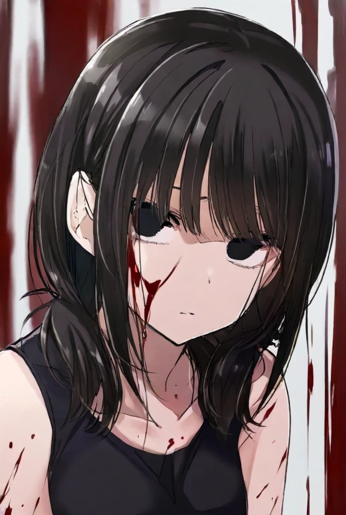 Sweating, D.va, blood everywhere, D.va covered in blood, beach, looking at viewer blankly, blood on her face, side view, blood dripping, blood, blood,