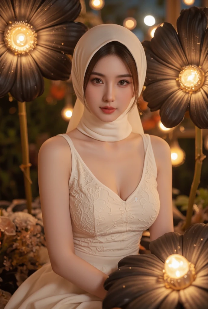 ((Realistic lighting, Best quality, 8K, Masterpiece: 1.3)), ((Clear focus:1.8)), 1 Pretty girl, hijab, (Smile:0.7) BREAK (Perfect beauty, Super fine Beautiful face, Fine beautiful eyes Detail, Big drooping long-slitted eyes, Hyper detail eyes:1.4) BREAK ((7 head-toll, Sloped shoulder, Narrow shoulders, Thin upper chest, Thin under the chest, Thin waist:1.5), (Taut Very huge breasts, Soft and well-shaped breasts:1.4)) BREAK (Dark brown hijab:1.5), (exquisite Beautiful facial features) BREAK (White, Sleeveless Turtleneck Tight Knit:1.5, Knit tight skirts in long slit:1.2) BREAK (indoor, Night, Random Posing, Random angle:1.3), in front of the entrance of a five-star hotel, Double eyelids,