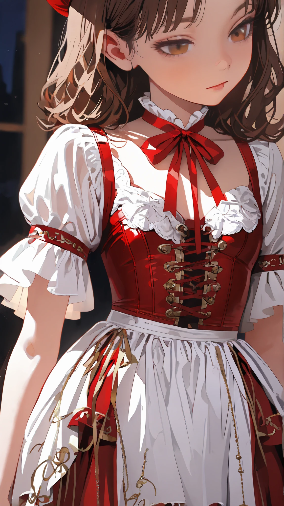 in style of Anna Razumovskaya
(cowboy shot:1.1),(1 elegantly dressed aristocratic girl),full body,1girl,(solo:1.8),face focus,from back,standing,(look at the viewer:1.5),from above,white background,(turning head:1.8)