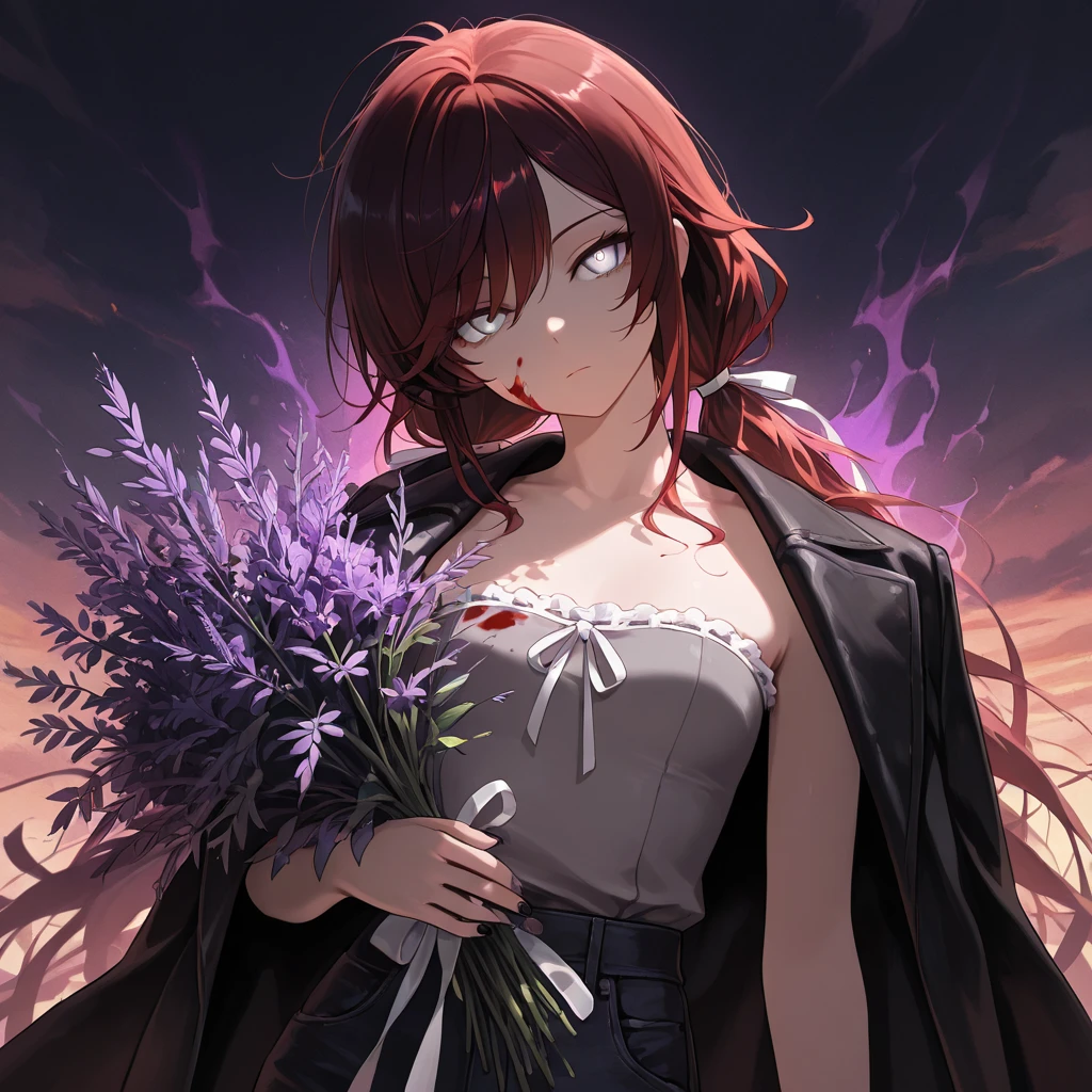 (masterpiece:1.2, Best Quality), (finely detailed beautiful eye: 1.2), (beautiful detailed face), (masterpiece:1.2, Best Quality), (finely detailed beautiful eye: 1.2), (beautiful detailed face), solo, close up, dark aura, dark energy, bristly hair, glowing eyes, dark aura, shadowy aura, upper body, thin girl, holding bouquet of purple flowers, expressionless, :l, Gray eyes, lifeless eyes, blood on face, blood on clothes, head tilt, dark red hair, swept bangs, low twin tails, white ribbons, strapless sleeveless shirt, gray shirt, shirt with white trim, frill trim, black coat worn over shoulders, black jeans, black nails, thin thighs, thin legs, dusk, willow tree leaves, close up, messy hair, stoic, shadowy aura,