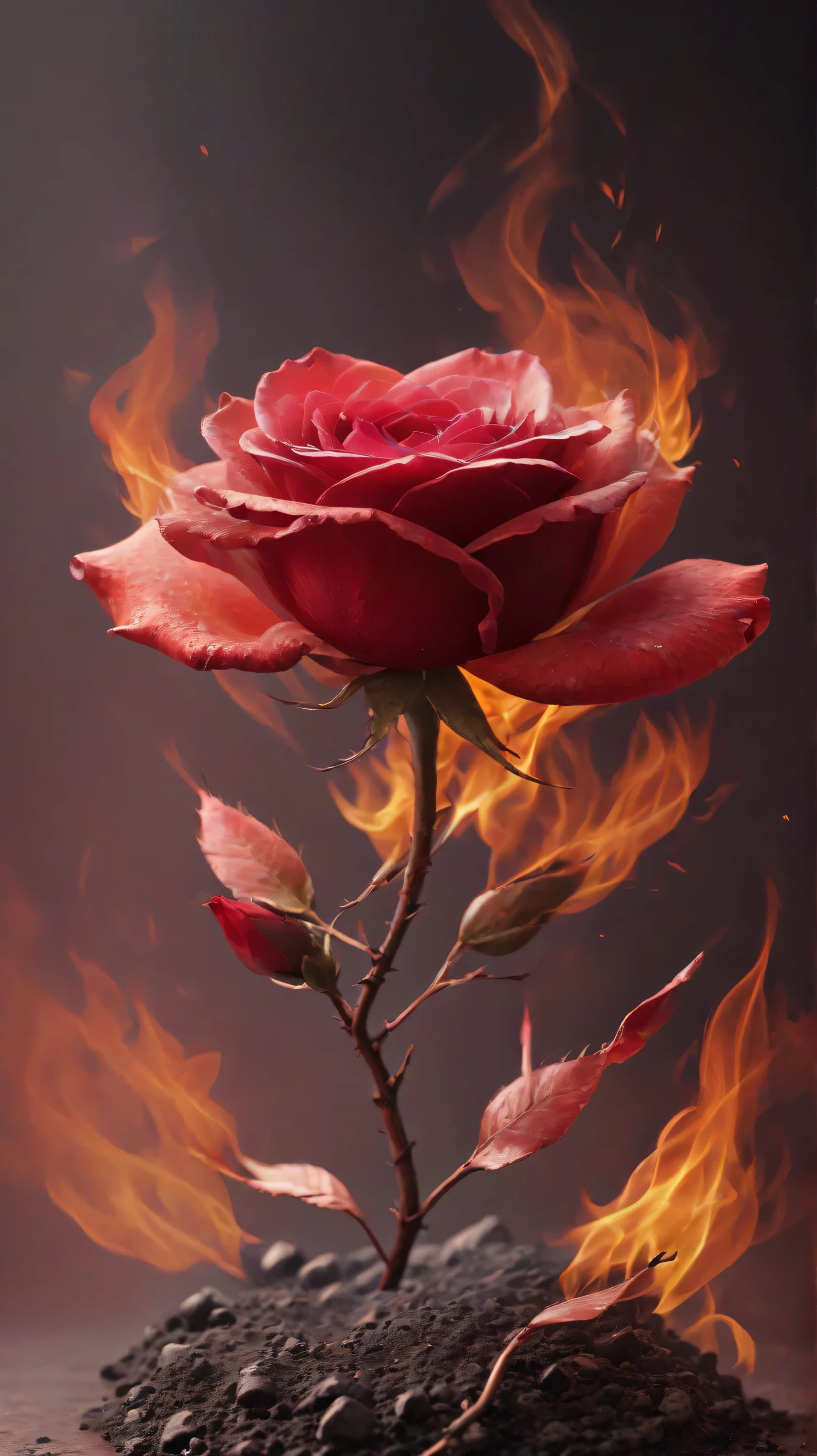 Red colour fire Rose glass realistic cinematic alone looking majestic