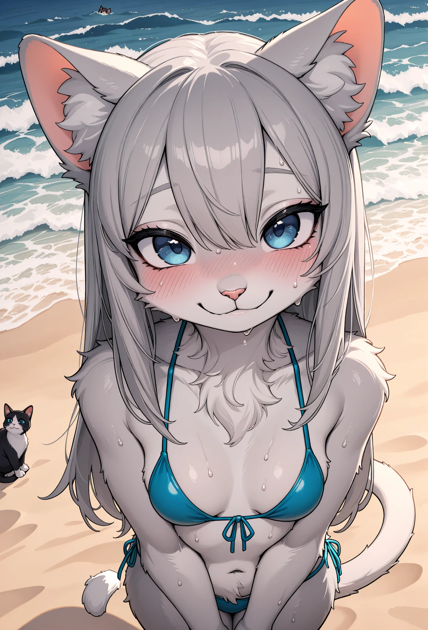 (Masterpiece, Slim Body, Delicate Fingers: 1.2), Best Quality, (Illustration: 1.2), (Hyper Detail), Eye Focus, Ultra Detail, (Fine Detail), (Intricate Detail), HDR, (Ultra Detail: 1.15), (Soft Light: 1.2), 1girl, (naked:1.5), (White hair and blue highlights),cyan eyes, medium, short hair, solo, (small breasts:1.3), masterpiece, (blushing:1.1), best quality, highly detailed, (:1.5), fullbody image, kwaii, (blue inner hair:1.2), (beach background:1.5), (two-tone hair:1.5), (panting:1.2), (blushing face:1.4), (moaning:1.5), (orgasmed face:1.5), (crotch rub:1.5), (table humping:1.5), (table masturbation:1.5), (panting:1.2), (blushing:1.3), (pussy juice:1.5), (wet pussy:1.5), (table:1.5), (perfect hands, perfect anatomy), (orgasmed face:1.5), (cat ears:1.4), (cat tail:1.5)