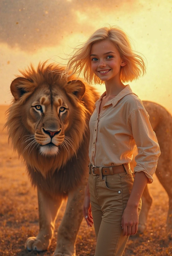 5-year-old girl holding a cub lion ，dans la jungle，profondeur de champs，High light，Real light，Ray tracing，Moteur de rendu OC，Convertisseur UE5，hyper-realistic，beste-Qualit，8k，Works by masters，super-fin，Detailed pubic hair，anatomie correcte