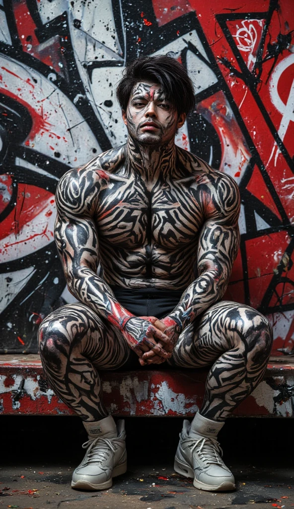Create tattoo... Where is the figure of a man and behind the shadow of a demon or beast that symbolizes hidden power 
