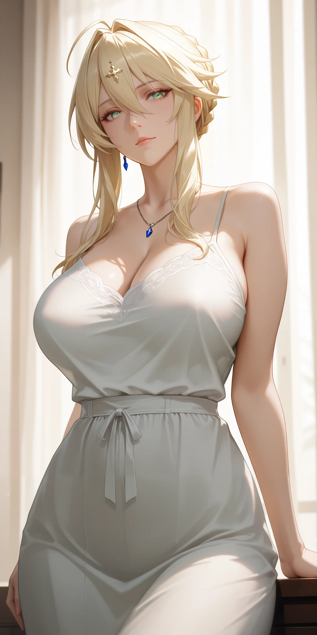 Cover for a movie, Beautiful portrait of an American blonde woman, twintails long summer dress, smirk, side eye, inside a kitchen set in 1990s, wavy hair, bangles on arms, ribbon on hair, gigantic breasts, full lips, red lipstick, seductive eyes, masterpiece, long necklace between breasts, masterpiece, 4K