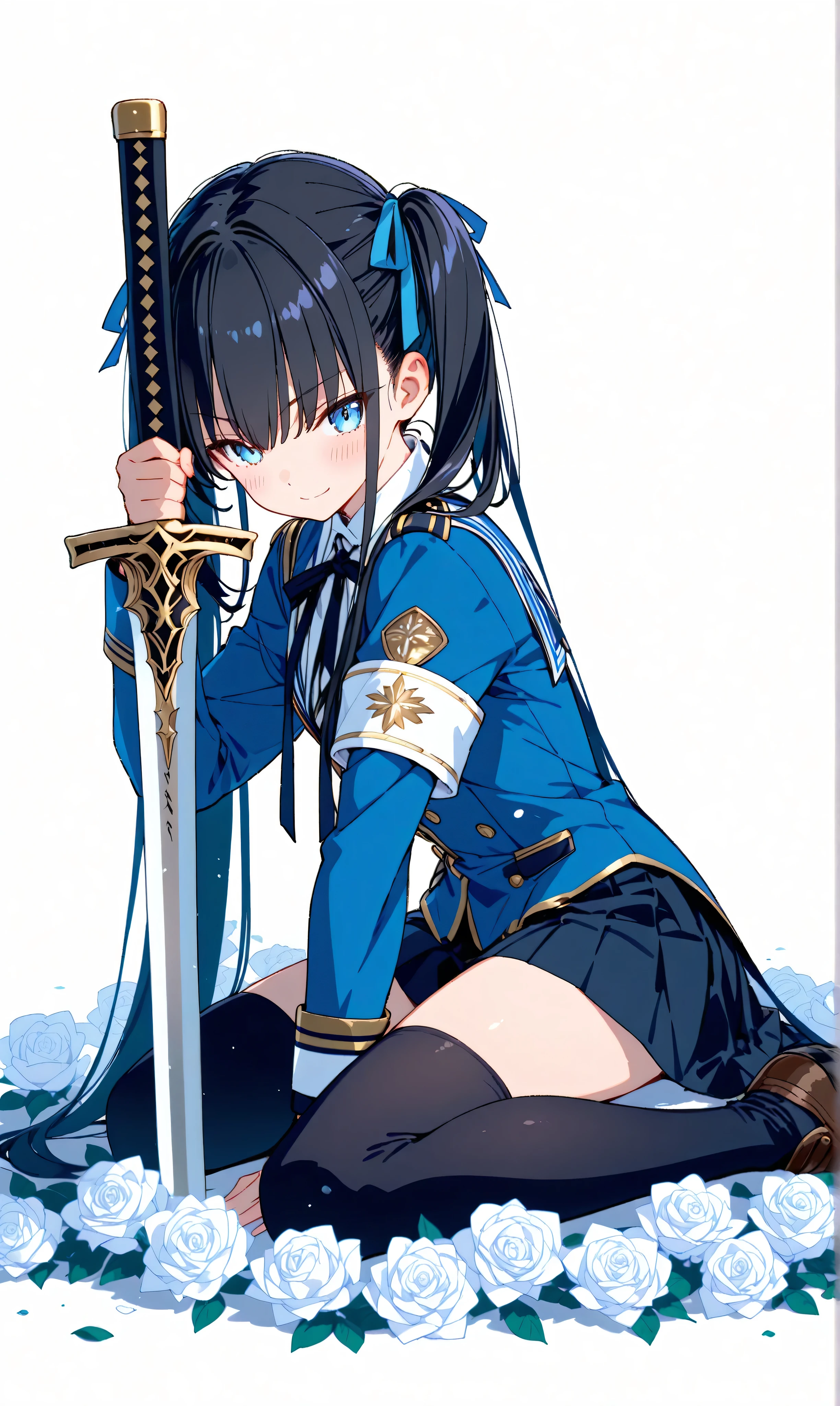 (watercolor:0.4)、( pastel :0.6)、 1 dead girl 、Long black hair in twin tails、attaching a ribbon to a pale white highlight、knight in military uniform scattered with white roses、blue eyes。expression sitting on the ground and putting his sword aside、trying to stand up with a small smile。White roses scattered、a battlefield illuminated by the sun、it makes me feel hopeful。、 New Beginning 。Simple white background that makes the character stand out。