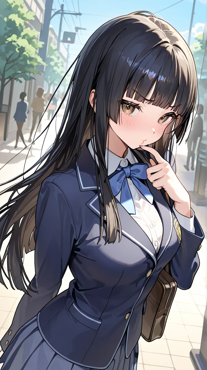 highest quality、A middle-aged man and a girl，Middle aged man in suit、full body figure、10 years old、Perfect five-finger、two perfect legs、two perfect legs、Tachibana Arisu、 shy face、perfect thing、detailed description、small details、detailed face、mini skirt、erotic pose、brown_hair, long_hair, brown_eyes, bow, hair_bow, upper_body, blue_bow, closed_mouth, bangs、whitepanty、I can see your panties、school uniform、high school uniform、blazer