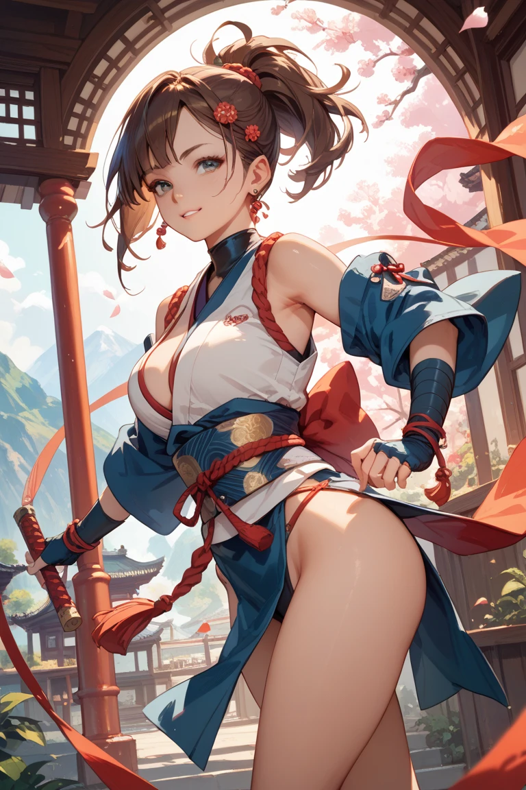 1人の, child girl, cute, wearing mini kimono, busty, cleavage, scarf on neck, prepare a KATANA, japanese_loincloth shot, fighting stance, battle scene, zombies, dynamic angle, strong wind, japan, edo town, wedgie, cameltoe, from behind, from below, 