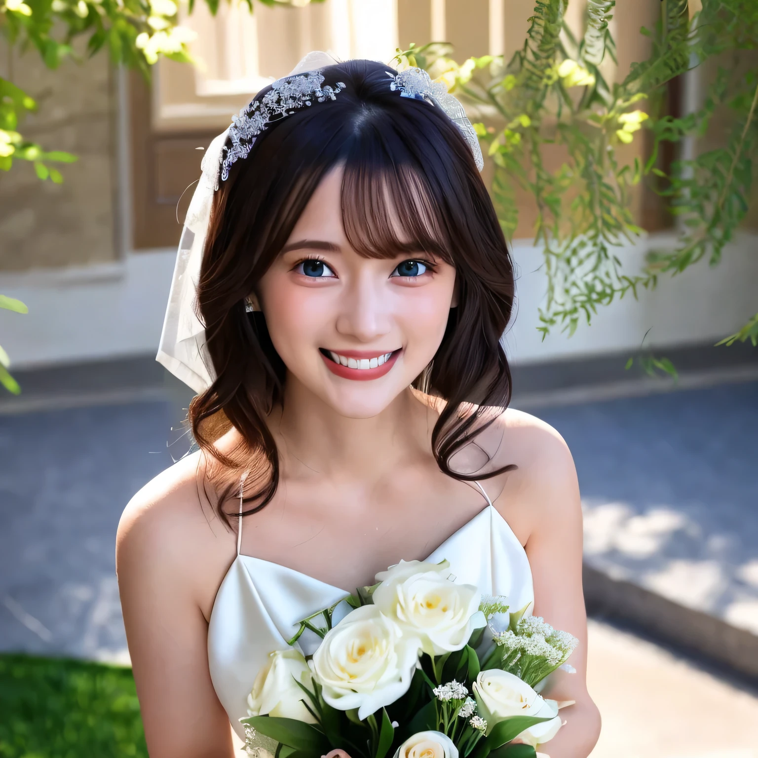 A stunningly beautiful 20-year-old woman standing in the courtyard of a luxurious mansion under a clear blue sky. She is wearing a white and blue wedding dress and holds a red bouquet with both hands in front of her chest. She looks very happy, with a radiant and joyful expression. Medium Hair, black hair, dark eyes.