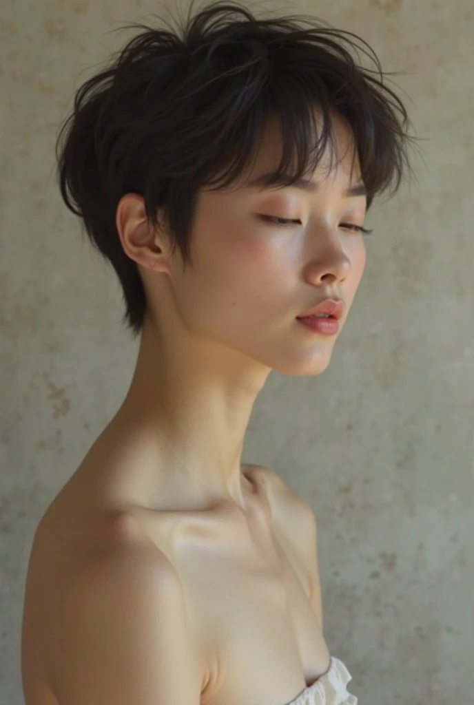 portrait of an 18 yo. asian woman, short fluffy hair, stretching her neck, looking at viewer, small smirk, (longneck:1.4)