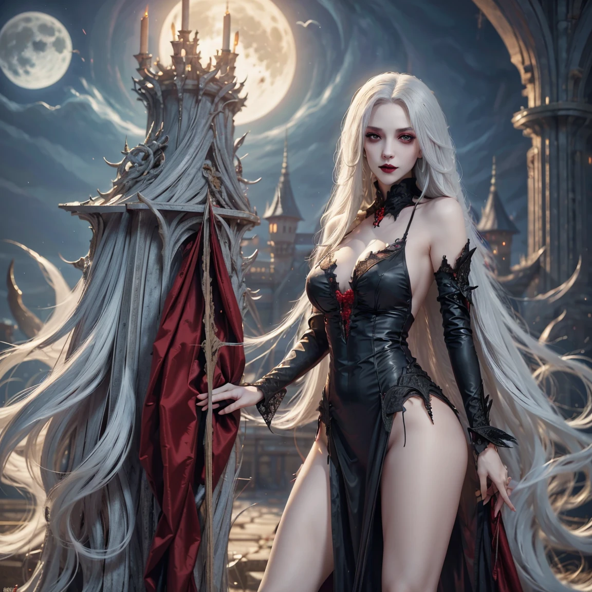 Uma mulher solo girl, Queen of Death, pale skinned, cabelos brancos, olhos vermelhos, red-lips, goth makeup, expression would be sensual, corpo sensual sexy, cintura fina, coxas grossas, usando um vestido antigo preto, ela usando um colar de caveira de prata, in the background a cemetery and she is holding a soul with her hand, detailed graphic bright and vibrant colors, imagem de corpo todo