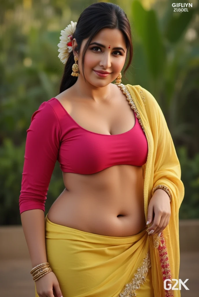 daytime view, close up shot of samantha Ruth Prabhu from top view, wearing pink saree, walking in forest, looking to camera, big and curvy cheeks, hourglass figure, sexy navel, swooping breasts, ponytail, necklace, (cinematic:1.3), intricate details , (ArtStation:1.2)underboob blouse