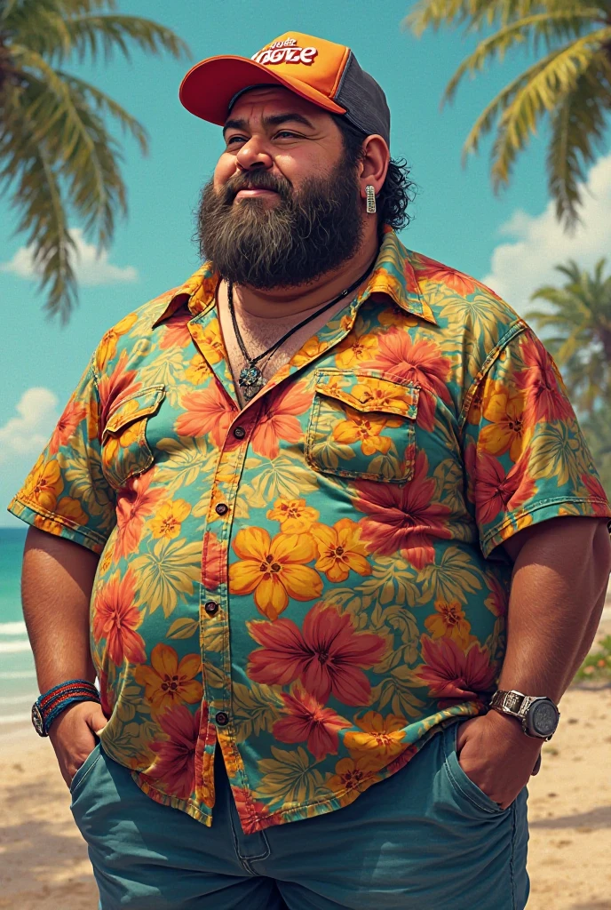 Make a Maori man, He has tattoos and a beard, medium muscular body, is fat, hairy body, wear cream-colored shorts, is walking on the beach, realistic image, 4k image