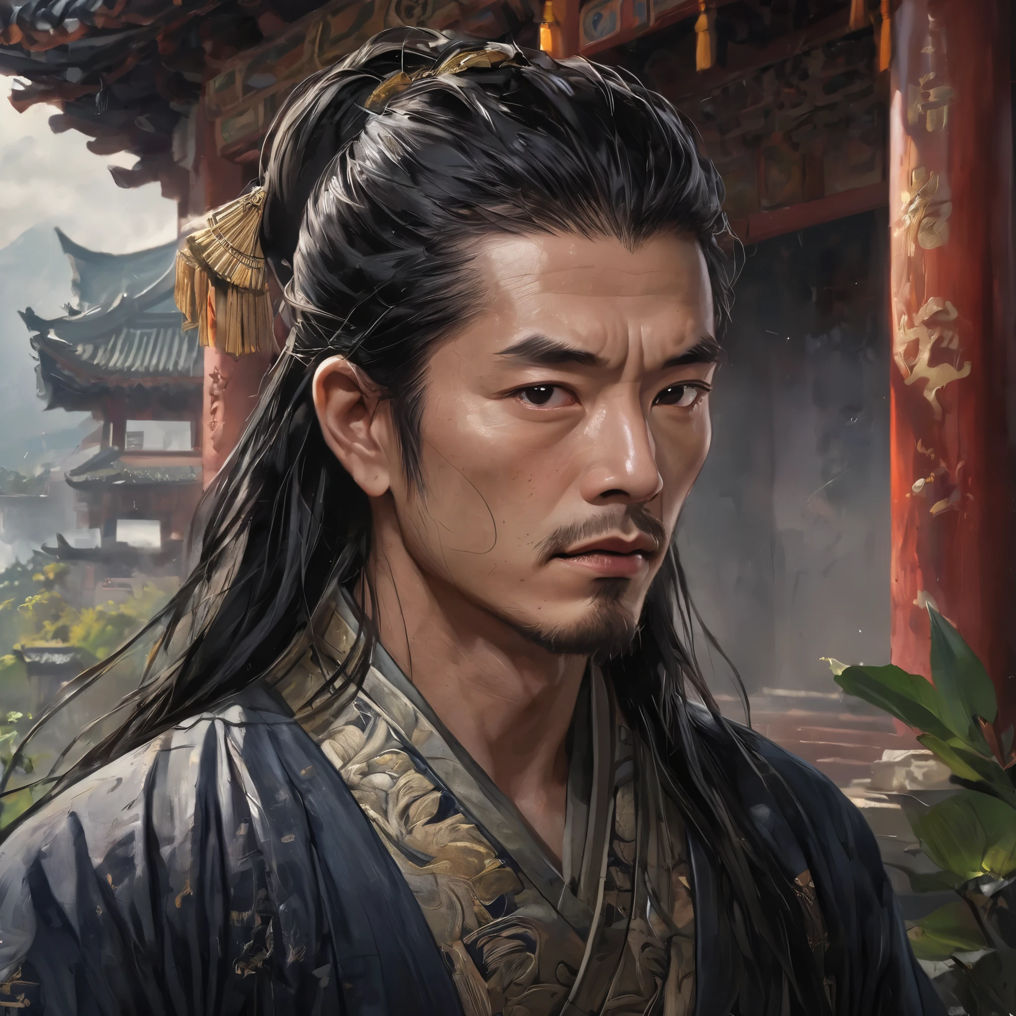 long black hair, ancient chinese clothing, middle-aged man, muscular, tiny man, detailed portrait, powerful expression, intense gaze, weathered face, calloused hands, cinematic lighting, dramatic shadows, moody atmosphere, ancient chinese architecture, misty mountains, lush vegetation, photorealistic, 8K, hyperdetailed, masterpiece, oil painting, chiaroscuro, vivid colors, dramatic lighting