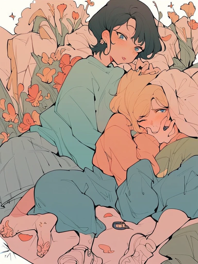 Lesbian couple hugging lying down, felizes, 插圖