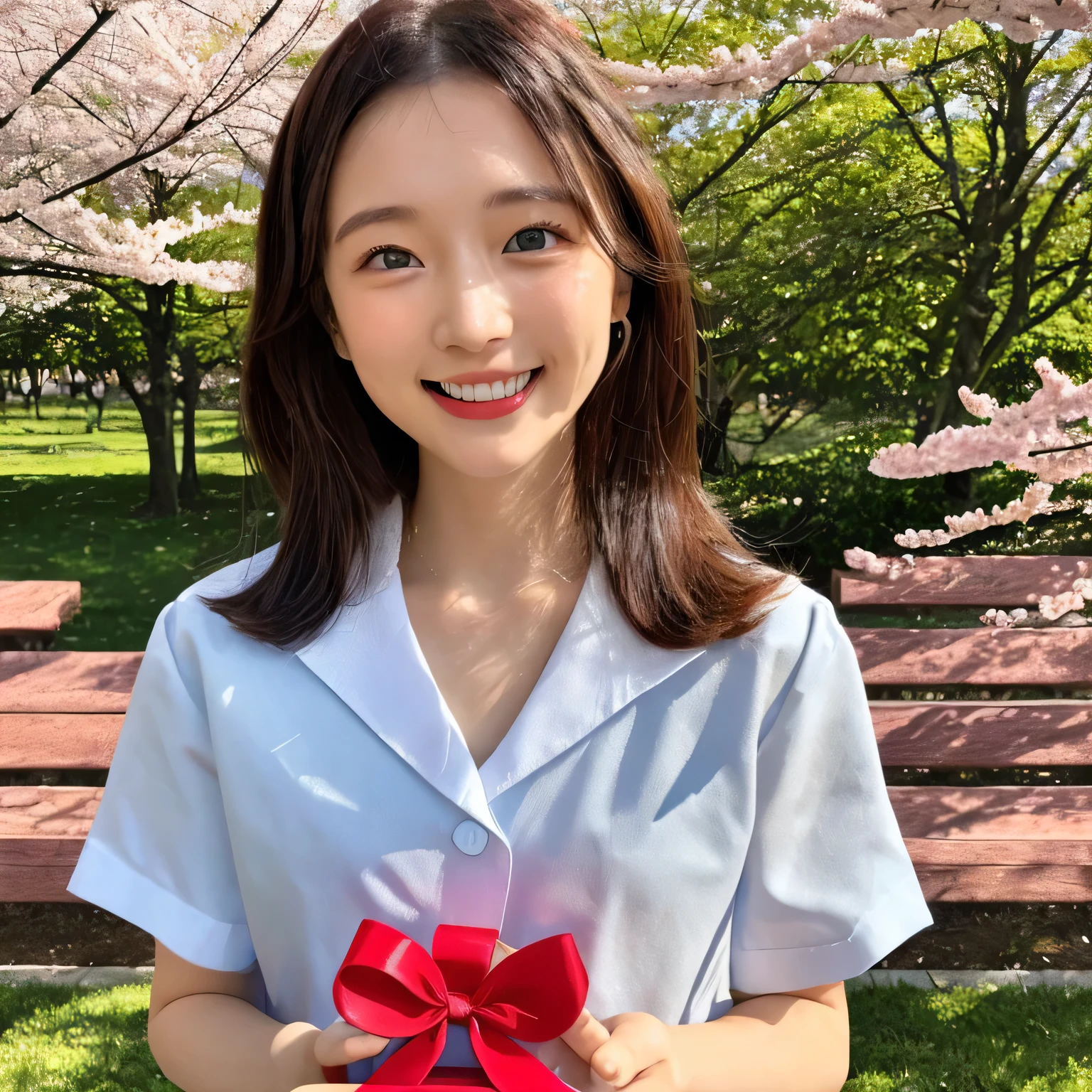 A stunningly beautiful 20-year-old woman stands in a lush green park full of cherry blossoms in full bloom under a clear blue sky. She is wearing a classic sailor uniform and holds a neatly wrapped gift box with a red ribbon in both hands in front of her chest. The box is small, wrapped in decorative paper, and tied with a bow. She looks very happy, with a radiant and joyful expression. Medium Hair, black hair, dark eyes.