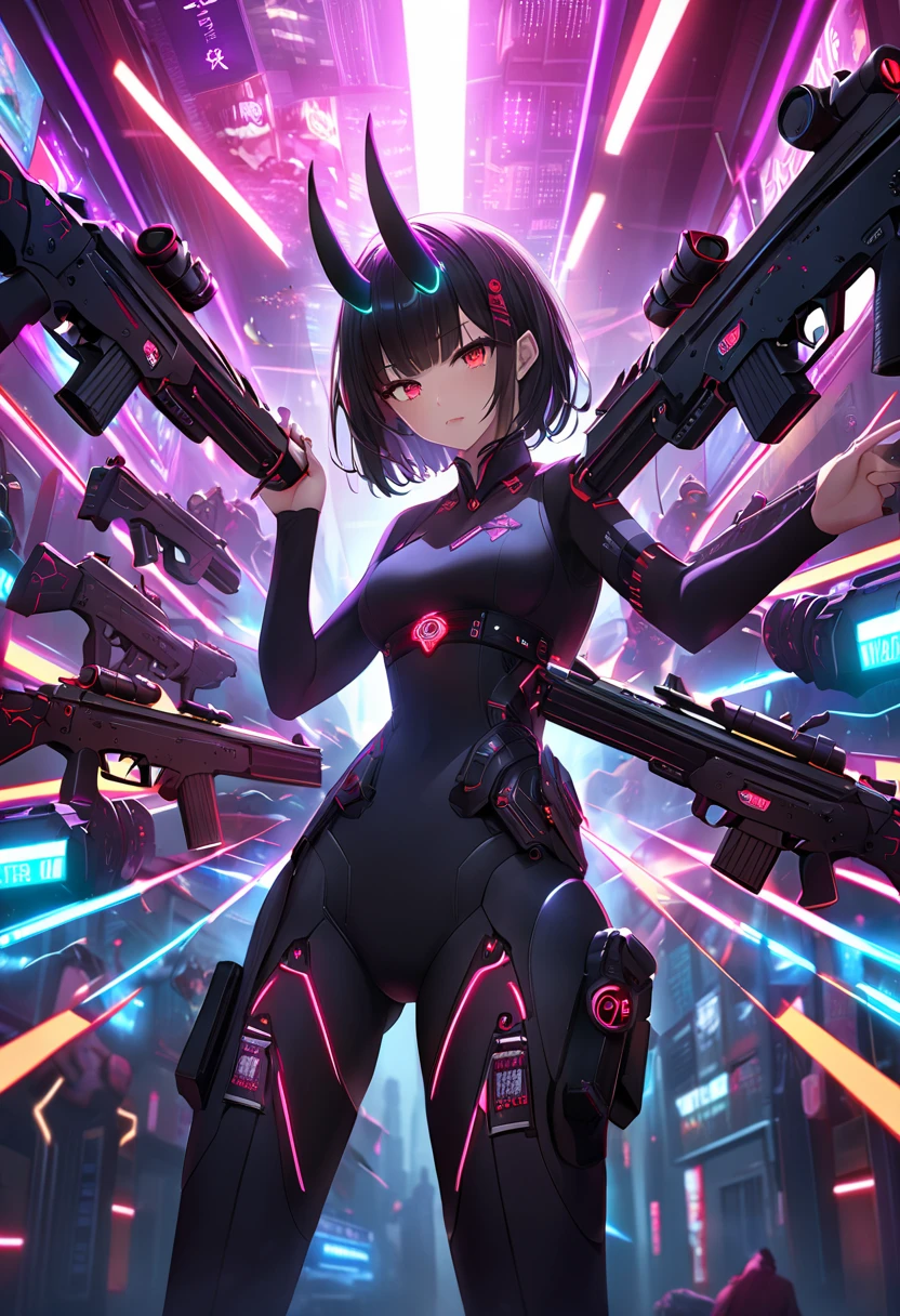 1girl, solo, bodysuit, short shorts, zettai ryouiki, looking at viewer, navel, scifi, science fiction, cyberpunk, holding weapon, cyborg, masterpiece, best quality  <lora:add_detail:-1>  <lora:pokfx_oc_dets_numlines:2.02>