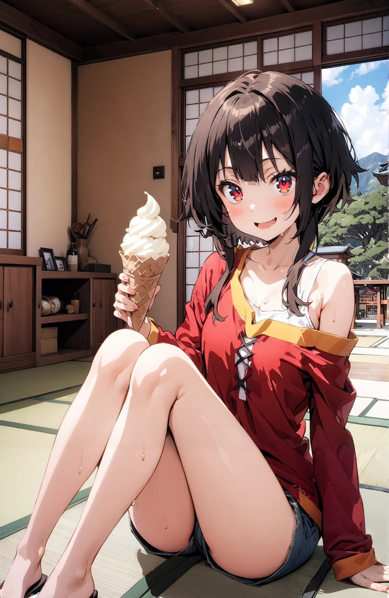 score_9, score_8_up, score_7_up, source_anime,
konosubaMegumin, Megumin, short hair, black hair, red eyes, short hair with long locks,smile,blushes,open their mouths,One-shoulder tank top,denim micro shorts
,Bare legs,Holding soft serve ice cream with one hand,eating soft serve ice cream,sweat, sitting on the veranda,tatami,Japanese-style room,noon,sweat,Japanese Garden,full bodyがイラストに入るように,break indoors,縁側,
break looking at viewer,full body,
break (masterpiece:1.2),top quality , kampala, Unity 8K Wallpaper ,(shape:0.8),( fine, beautiful eyes :1.6),It's a person ,full body写真,CG Details , (perfect hands,complete anatomy),
