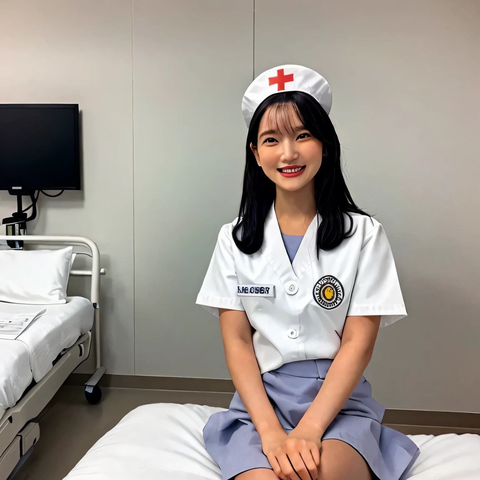 Depict a 20-year-old, very beautiful woman in a hospital room. She is wearing a nurse cap and a mini-skirt style white uniform. Her expression is shy, and she is smiling gently. The setting includes medical equipment and furnishings typical of a hospital room, with soft lighting to create a warm and welcoming atmosphere. Medium Hair, black hair, dark eyes.