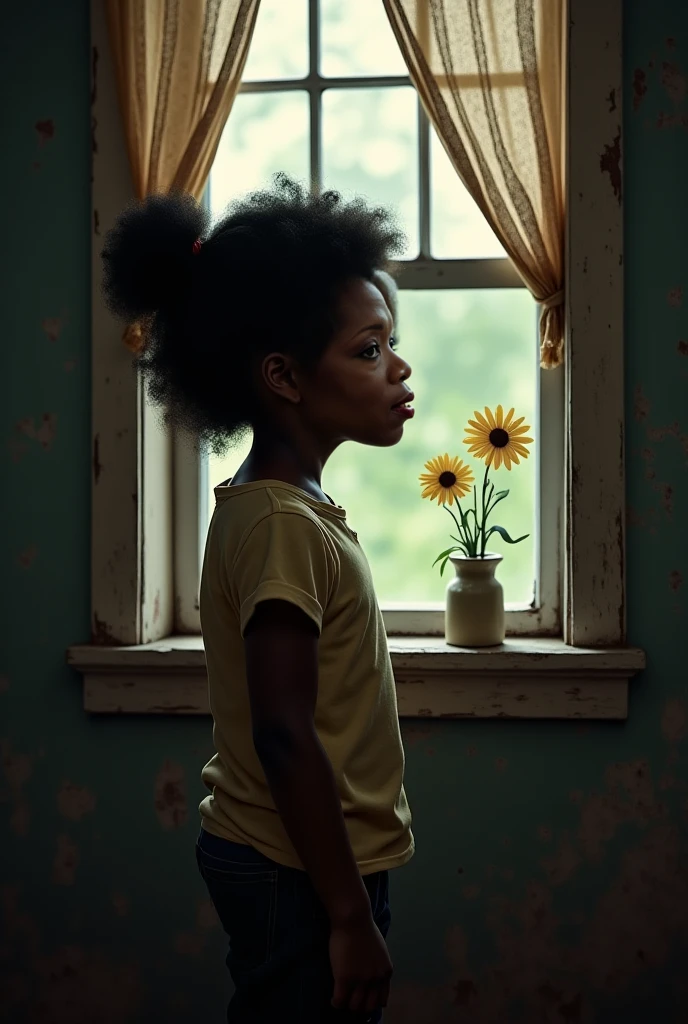 In the foreground a dark-skinned girl, curly hair looking through the window, where he contemplates the gray sky, almost at dusk, but surrounded by different colorful birds that adorn the sky
