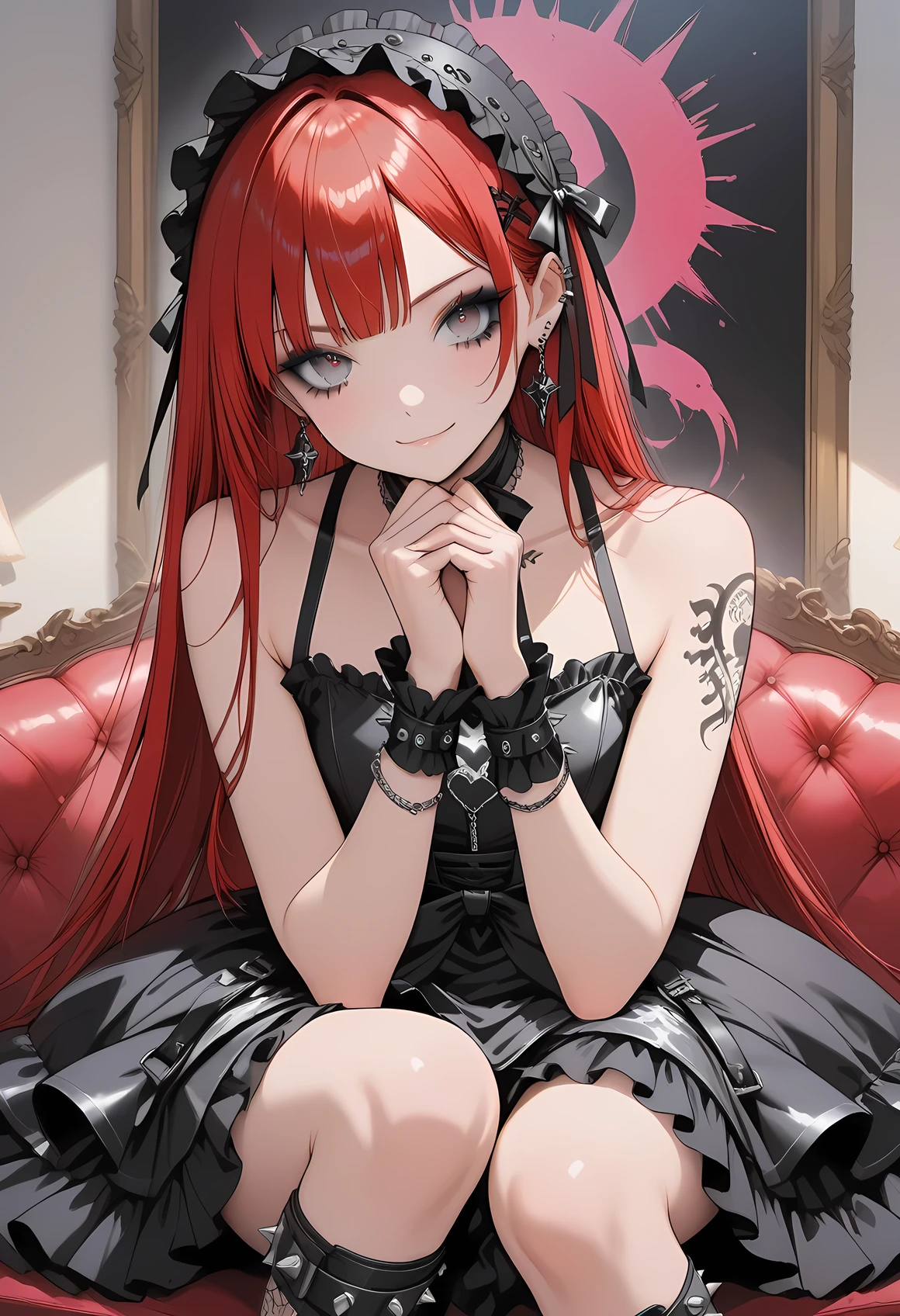 Punk rock star 、Gothic ta style dress to sit with both hands on your right knee、 red hair 、dark eyeliner、long hair per person、straight hair、Arrange a、tattoo
