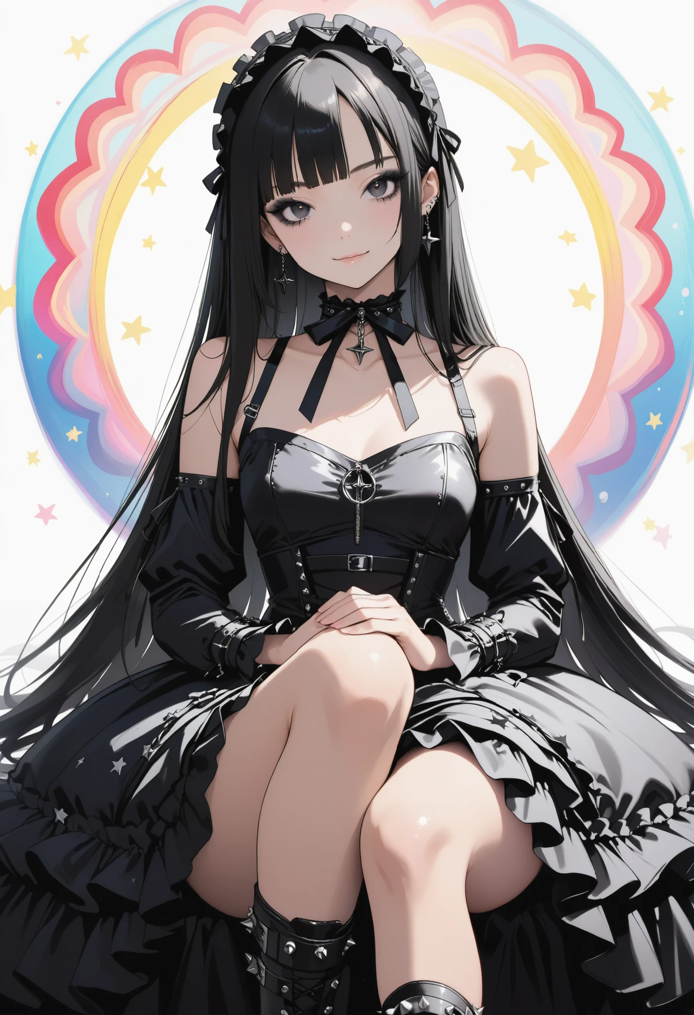 Punk rock star 、Gothic Lolita style dress to sit with both hands on your right knee、 black hair、dark eyeliner、long hair per person、straight hair、psychedelic、Arrange a