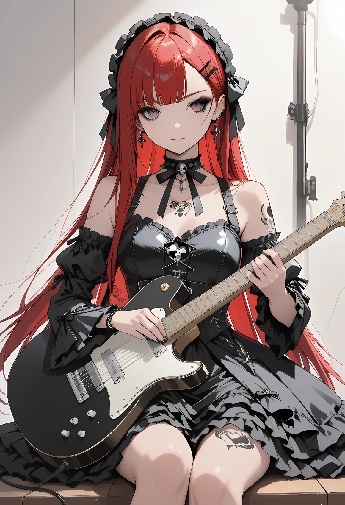 Punk rock star 、 A gothic ta-style dress、 red hair 、dark eyeliner、long hair、straight hair、Sitting with a guitar in both hands 、tattoo