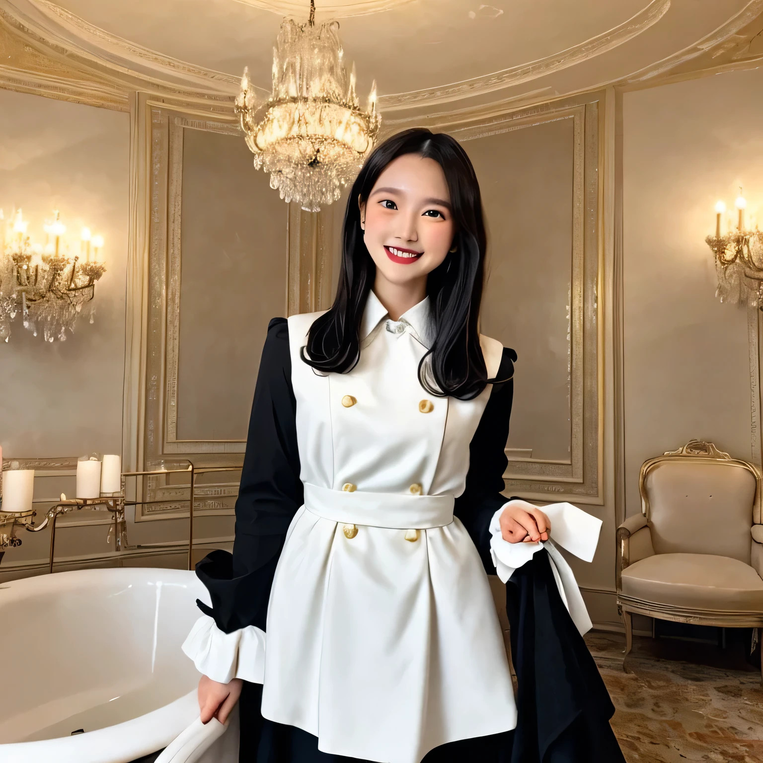 A breathtakingly beautiful 20-year-old woman stands in an opulent mansion room, dressed in a classic black-and-white maid outfit with a short hem and a white brim cap. Her confident smile radiates warmth. The room features elegant furnishings and decor befitting a grand estate, bathed in soft, natural lighting that enhances the sophisticated ambiance. Medium Hair, black hair, dark eyes.