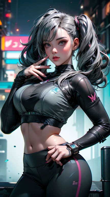 a futuristic warrior woman holding a katana, (finely detailed skin), pale skin, (with a deep neckline, a sexy and highly detailed black futuristic cyberpunk crop top and circuit board panties, glowing Japanese text, beautiful epic composition, futuristic, masterpiece, attractive, posing for a photo)
