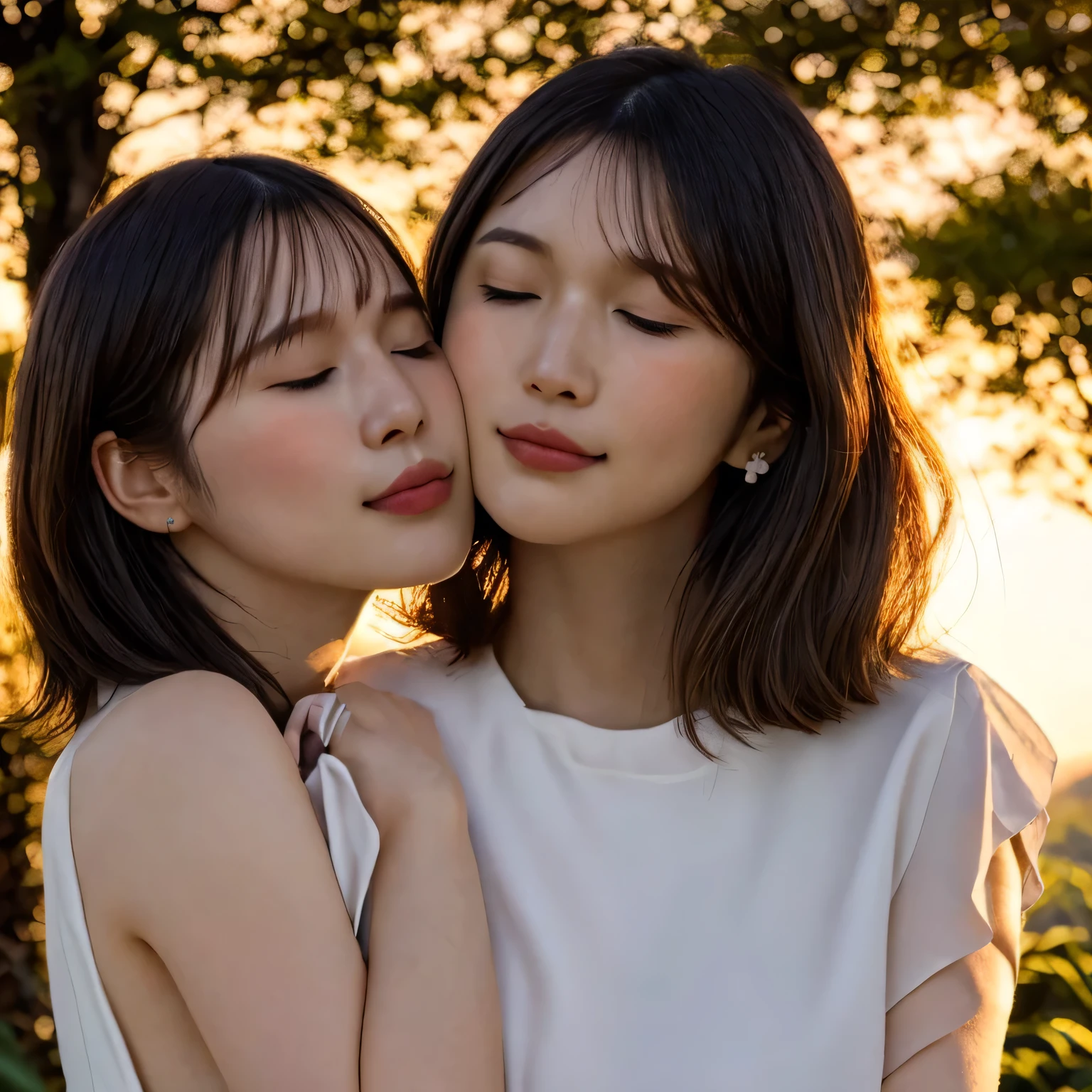 A breathtakingly beautiful 20-year-old woman stands in a lush green park at sunset, bathed in the warm golden light of the evening sun. Facing forward, her eyes gently closed, cheeks slightly flushed, and her face tilted upward as if anticipating a kiss, she embodies serenity and romance. The soft hues of the sunset complement the tranquil surroundings, enriching the dreamy atmosphere. Medium Hair, black hair, dark eyes. 