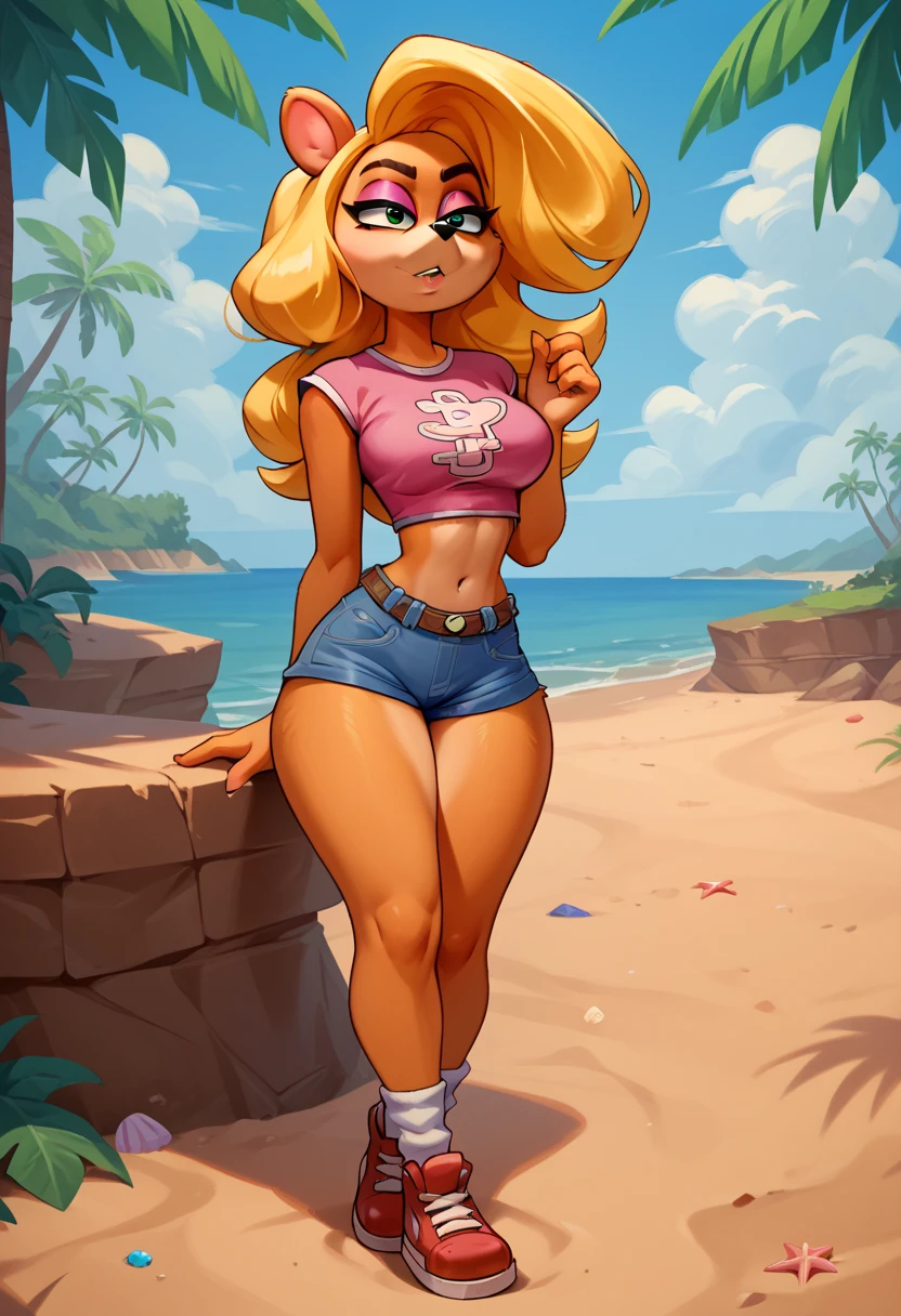 (Masterpiece, Best Quality), pale skin, (baby face), island beach background, (See-through off-shoulder, transparent crop top, waist-high skirt, tight mini skirt:1.3), (skinny thigh:1.9, narrow waist, skinny body, long legs, skinny legs:1.9), blonde hair, (huge , lift butt up, straight legs), expose belly button, (wide thigh gap:1.6, wide gap between thighs:1.6), forward full Body, nipple projection, pink bulge, camel-toe bulge, (face age Barbara Palvin)