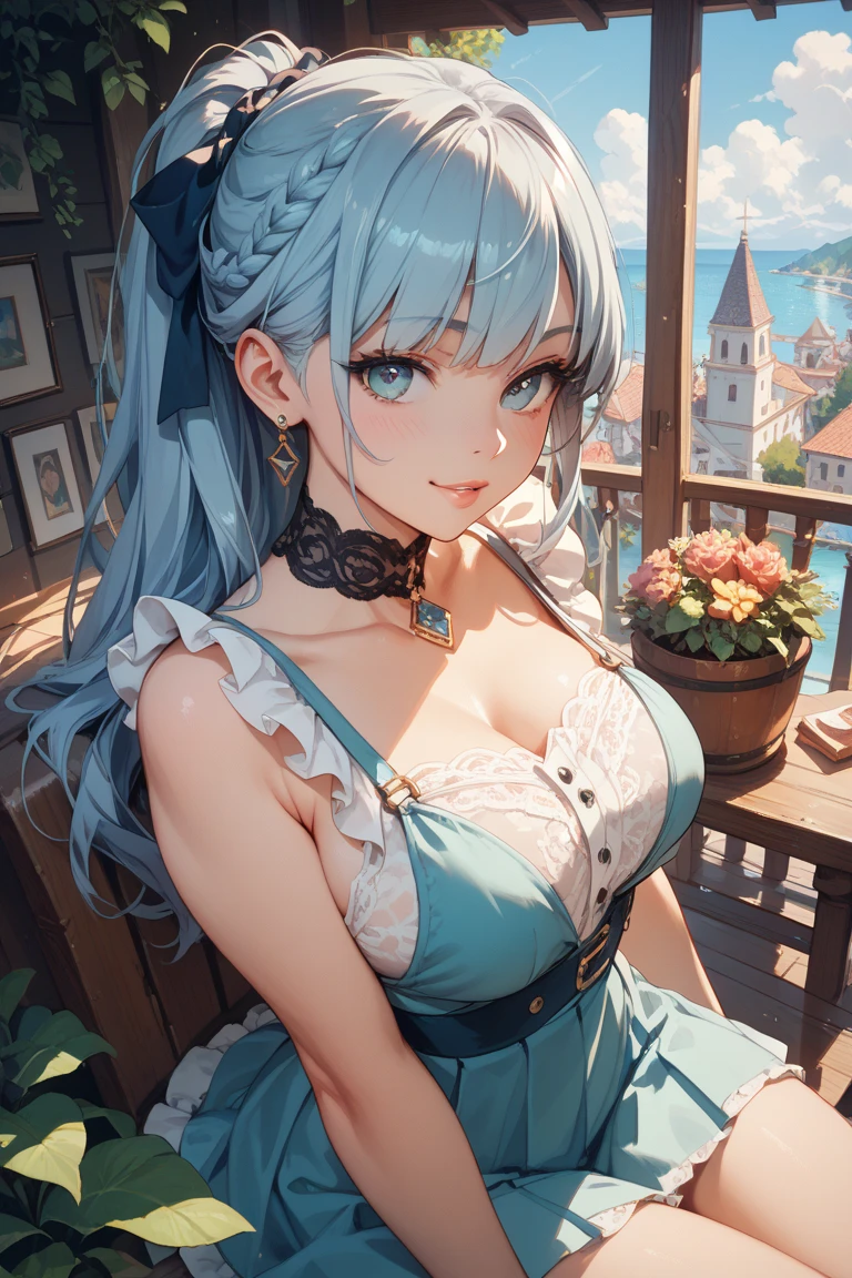 (Highest quality、Highest quality、Masterpiece、Very delicate、Very detailed、Exquisite、16K、Full HD)、1 female、(Silver dress、Flared mini skirt、、Floral decoration、gem、ribbon、White frills)、Perfect body line、Glowing Skin、(Groomed eyebrows、Pink Lips、Red eyeysterious Face)、(Blue Hair、Vertical roll hair、Shiny Hair)、Dynamic Pose、Dramatic lighting、(the top、thunder、Mountain)